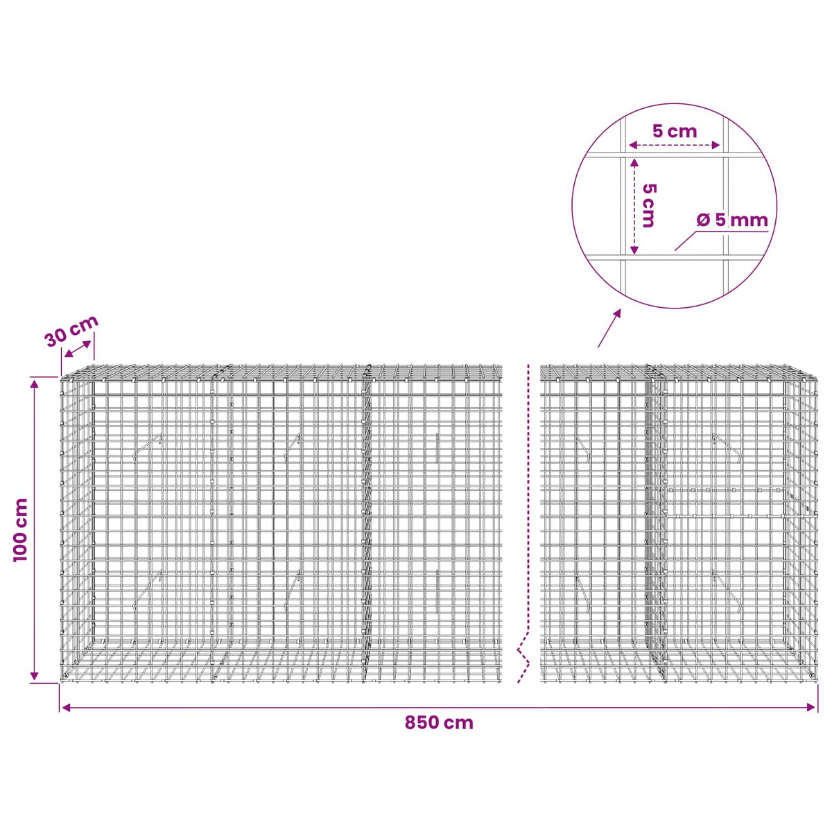 Gabion s 5 mm žicom i mrežom 5x5 cm 850x30x100 cm