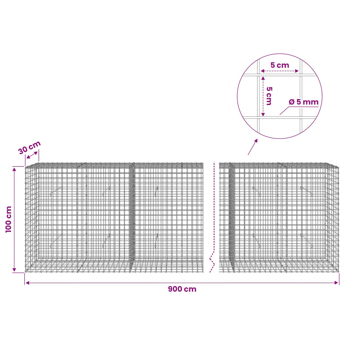 Gabion s 5 mm žicom i mrežom 5x5 cm 900x30x100 cm
