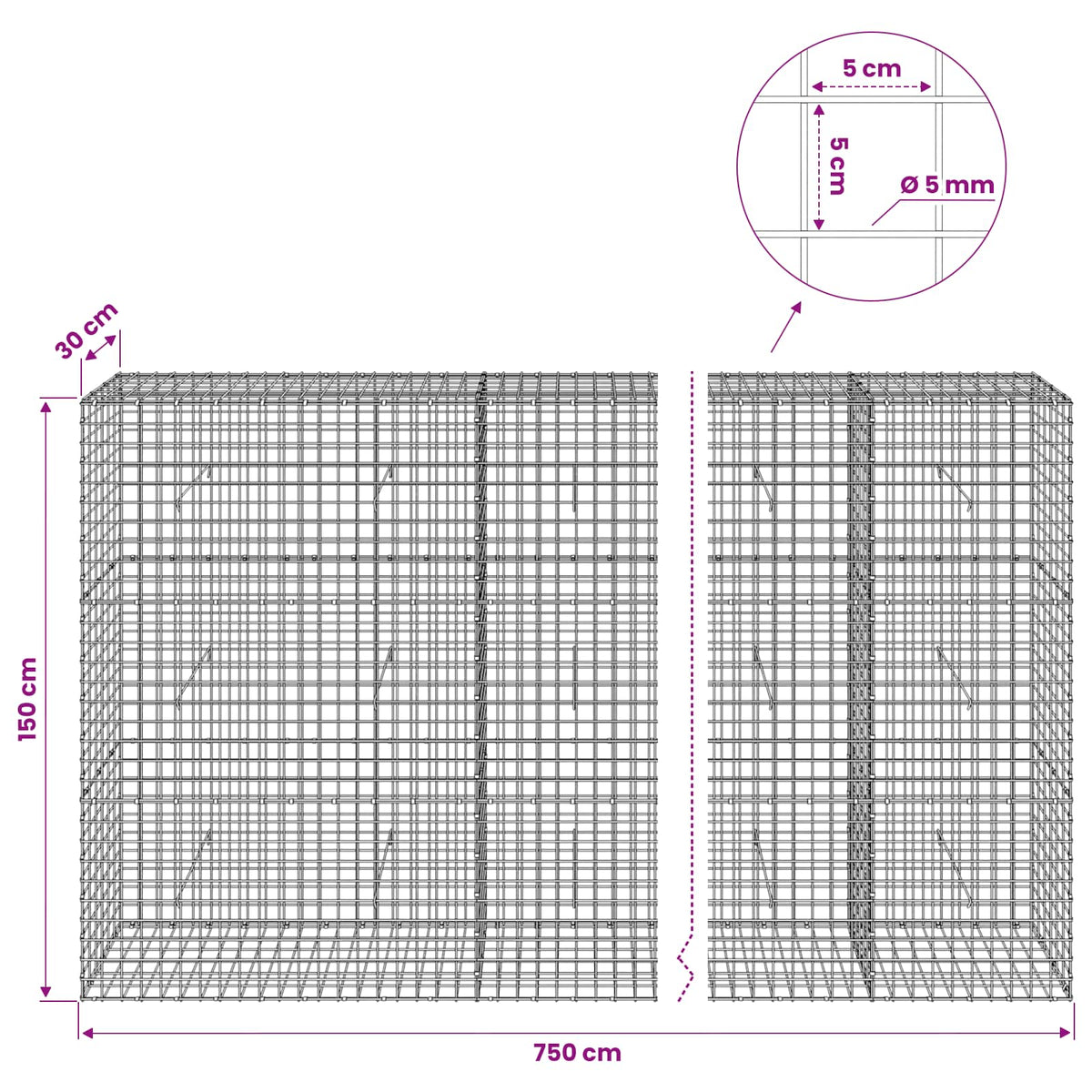 Gabion s 5 mm žicom i mrežom 5x5 cm 750x30x150 cm