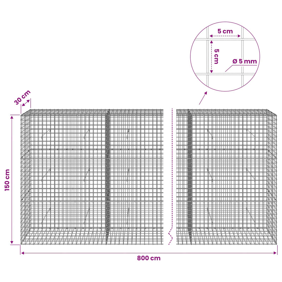 Gabion s 5 mm žicom i mrežom 5x5 cm 800x30x150 cm