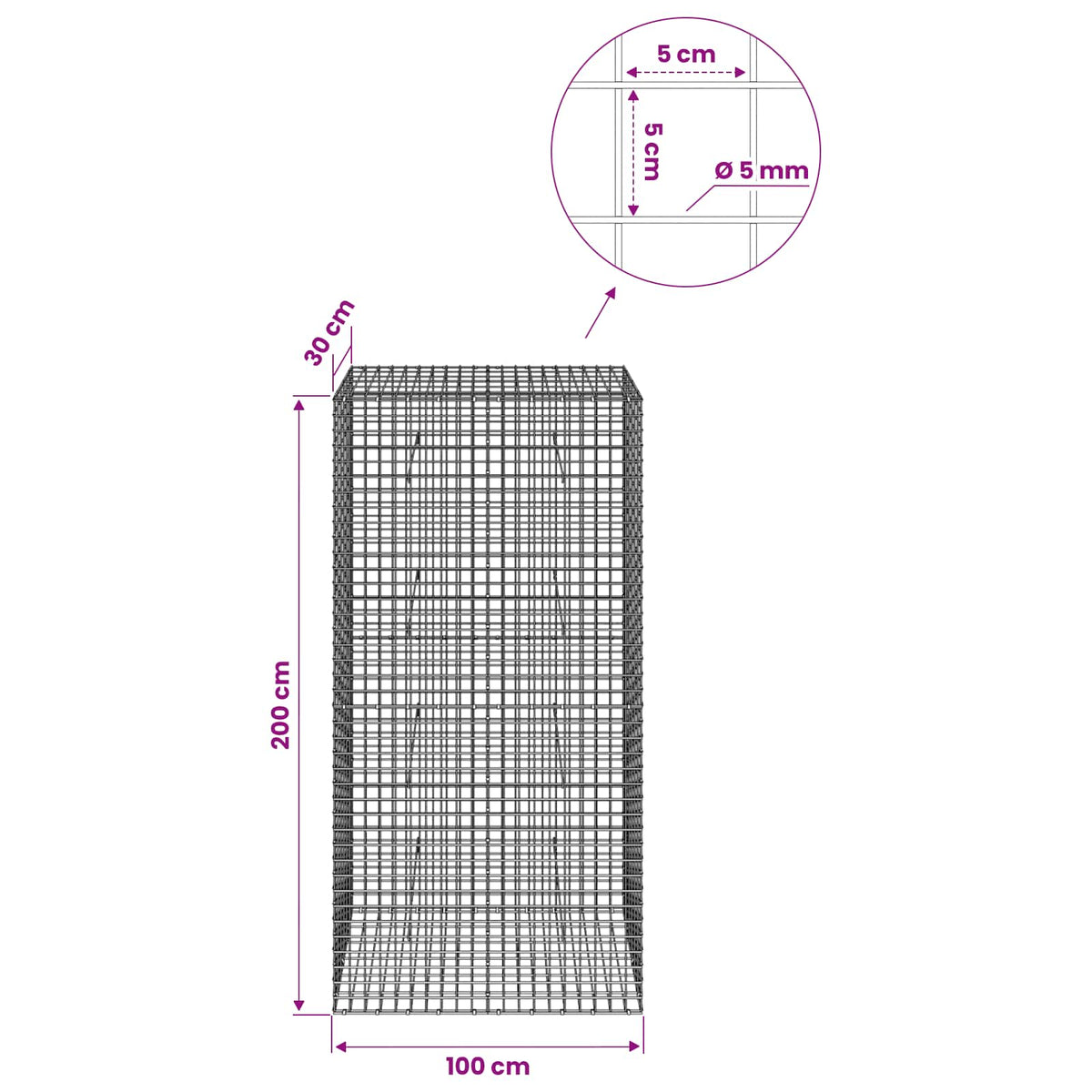 Gabion s 5 mm žicom i mrežom 5x5 cm 100x30x200 cm