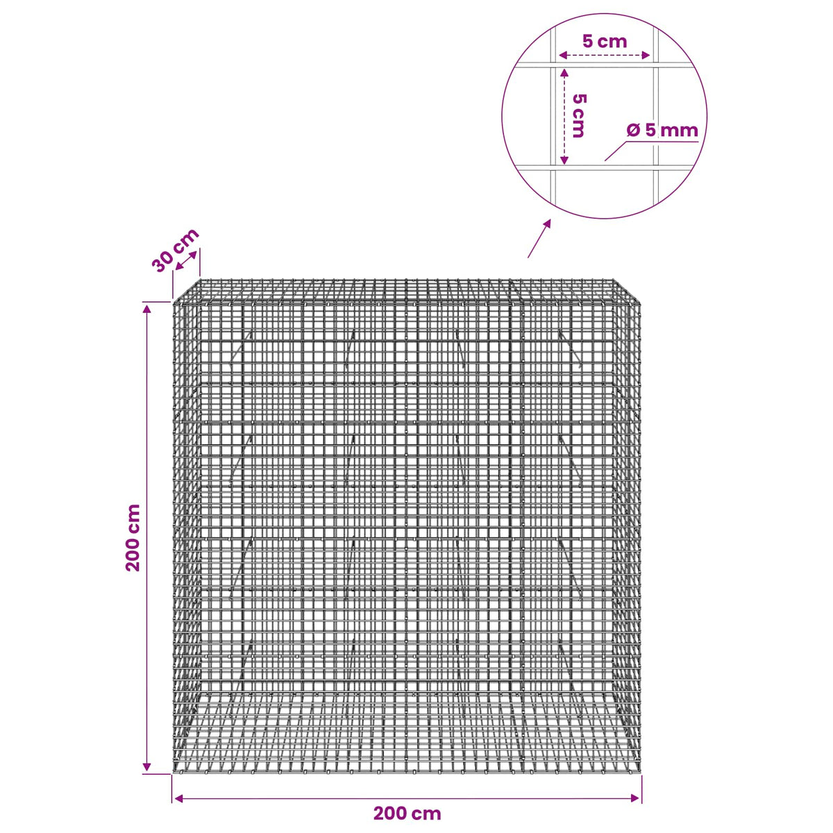 Gabion s 5 mm žicom i mrežom 5x5 cm 200x30x200 cm