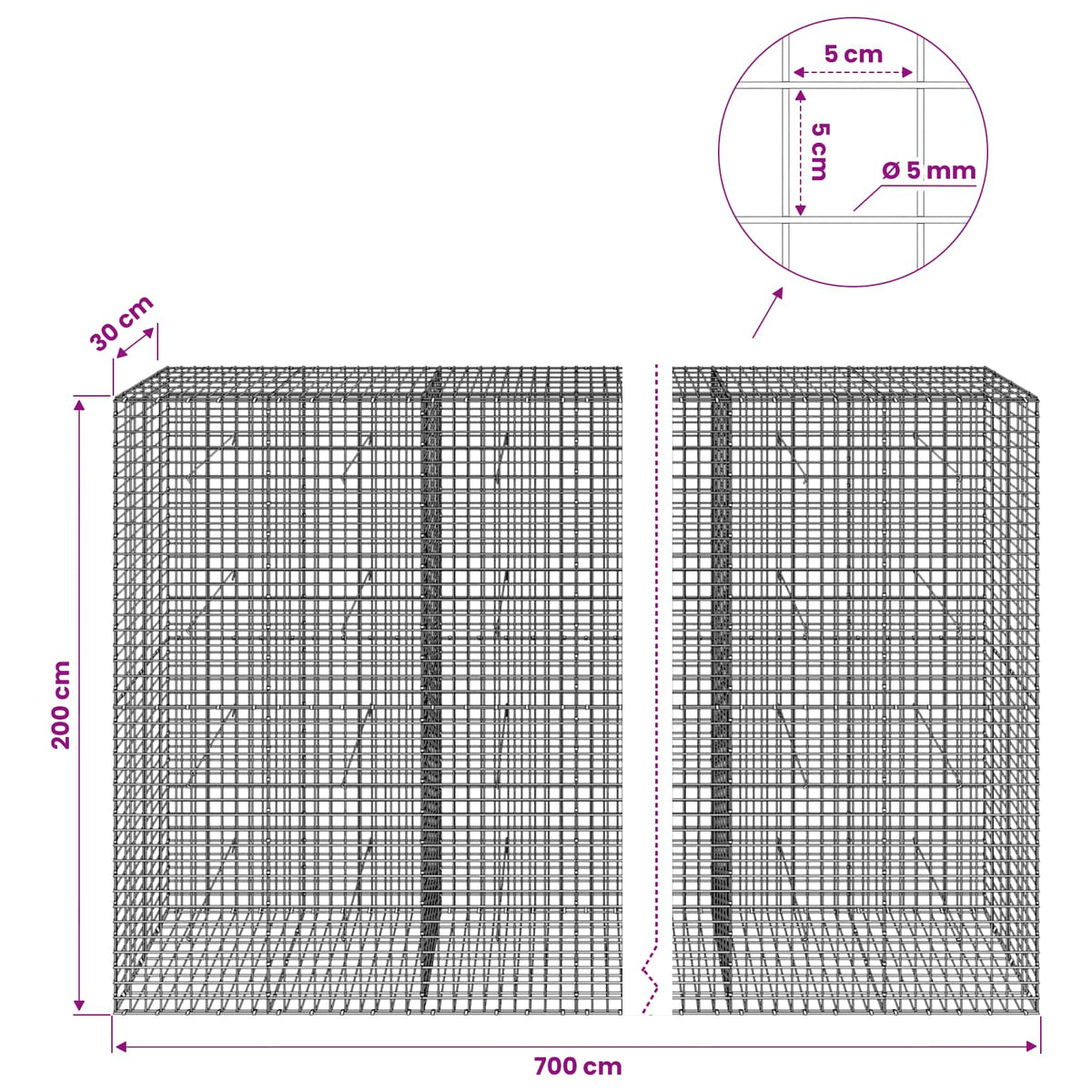 Gabion s 5 mm žicom i mrežom 5x5 cm 700x30x200 cm