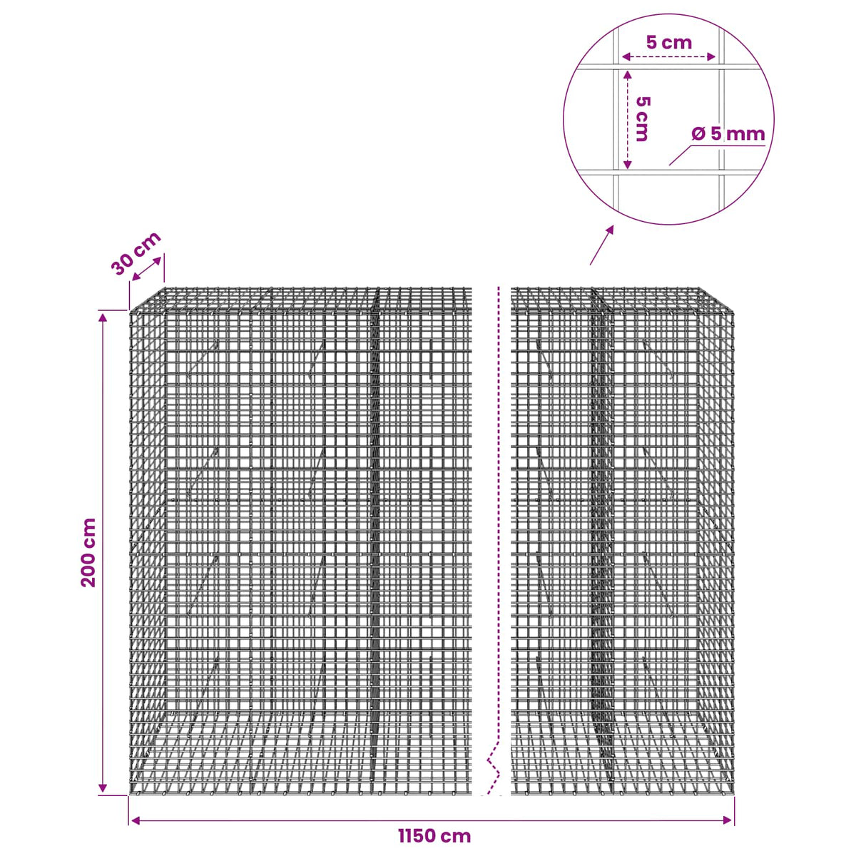 Gabion s 5 mm žicom i mrežom 5x5 cm 1150x30x200 cm