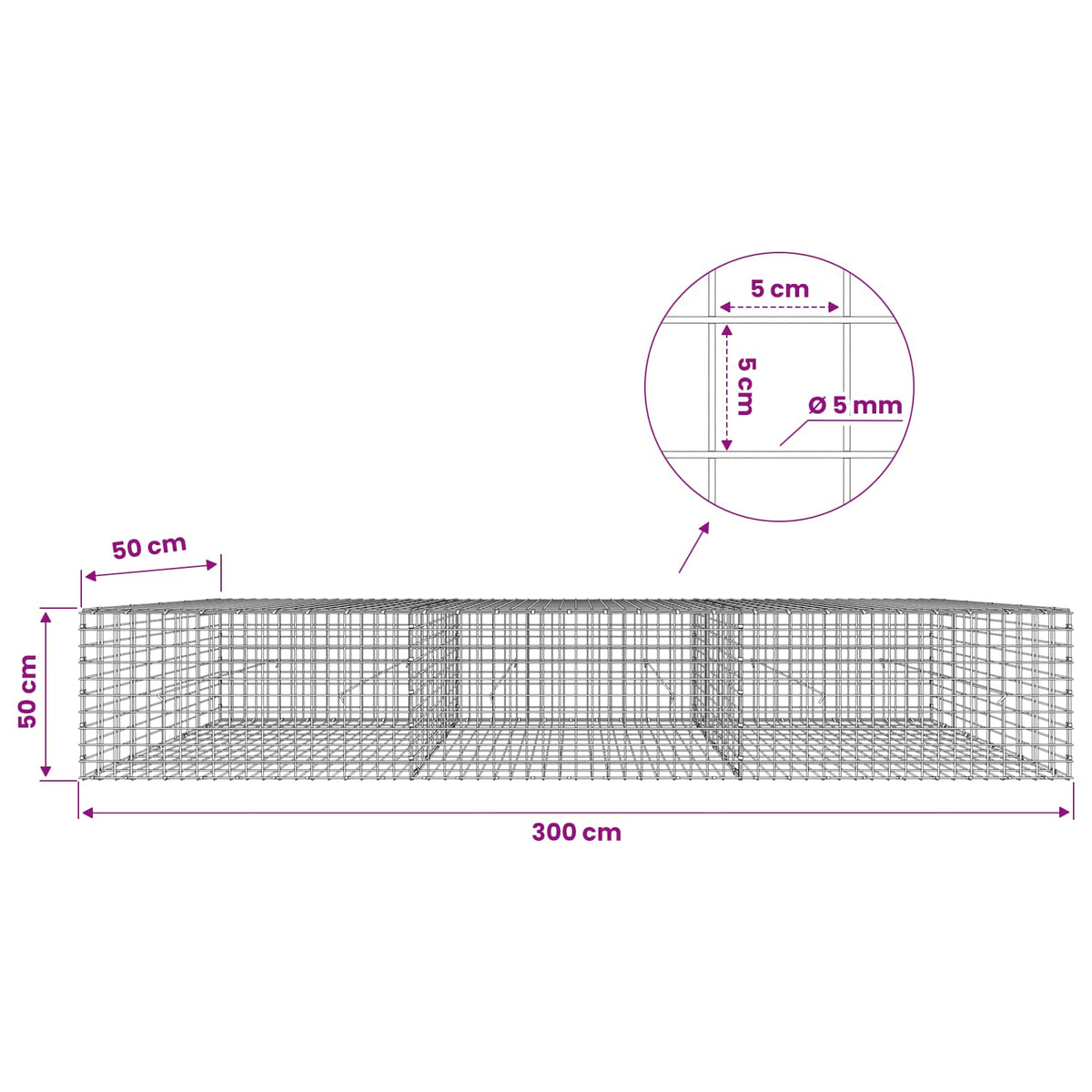 Gabion s 5 mm žicom i mrežom 5x5 cm 300x50x50 cm