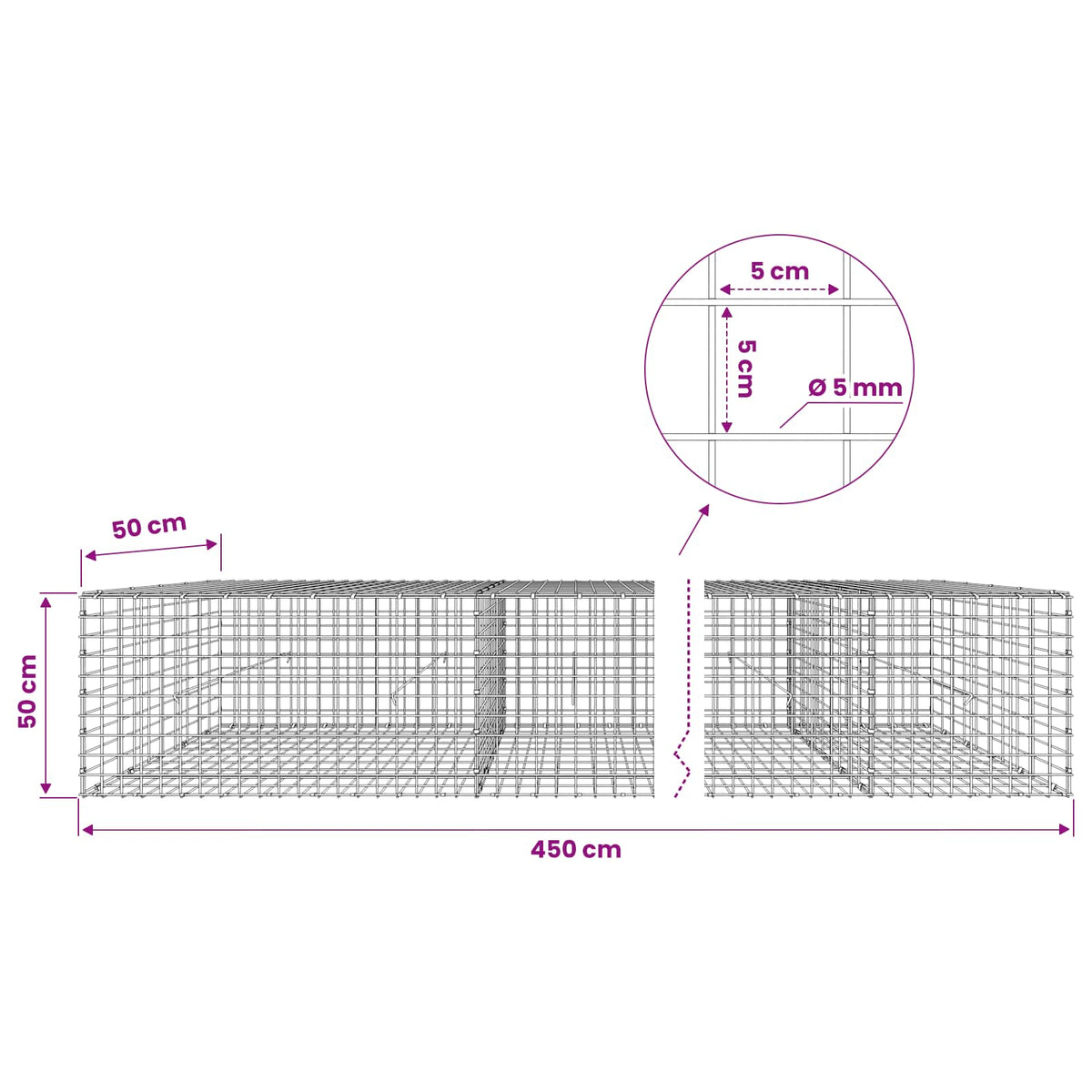 Gabion s 5 mm žicom i mrežom 5x5 cm 450x50x50 cm
