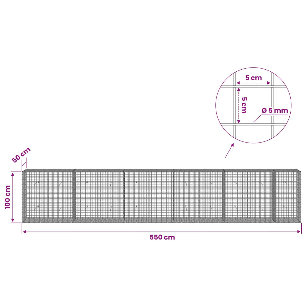 Gabion s 5 mm žicom i mrežom 5x5 cm 550x50x100 cm