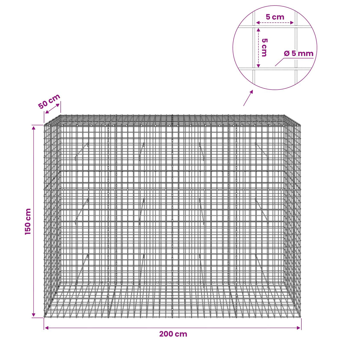 Gabion s 5 mm žicom i mrežom 5x5 cm 200x50x150 cm
