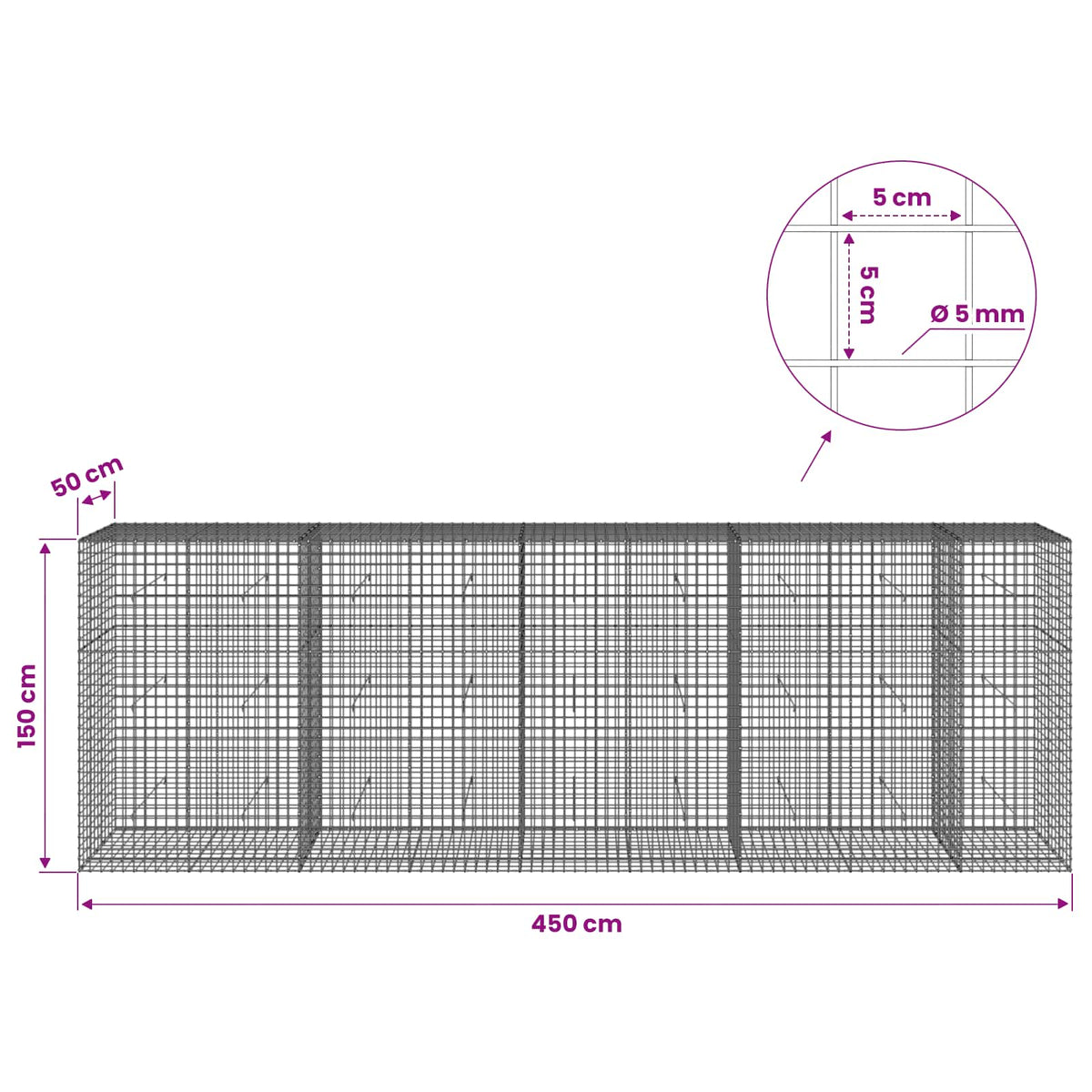Gabion s 5 mm žicom i mrežom 5x5 cm 450x50x150 cm