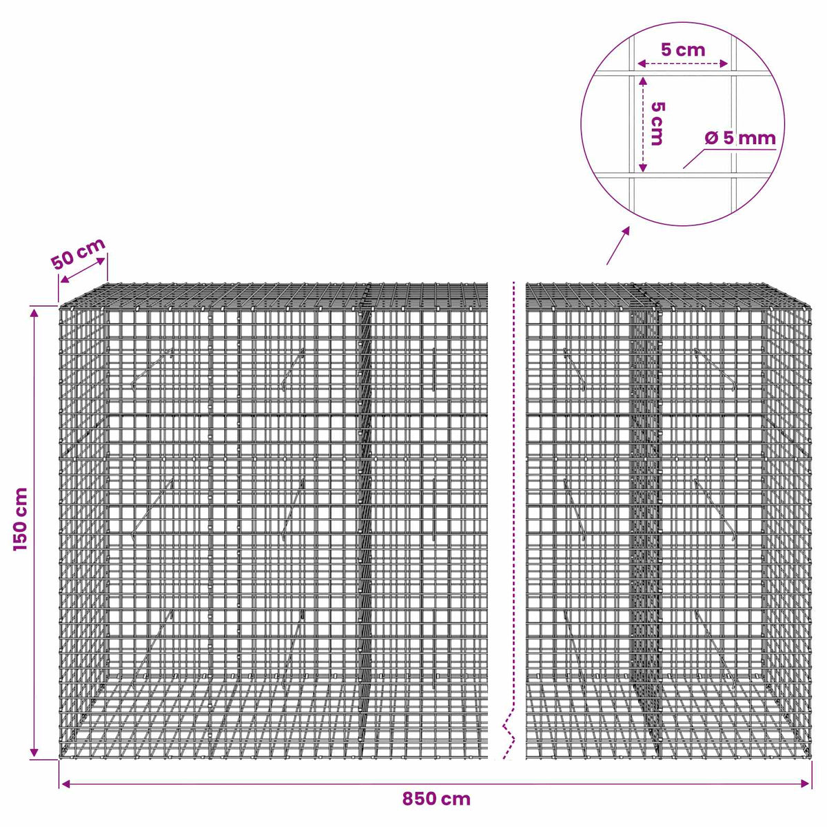Gabion s 5 mm žicom i mrežom 5x5 cm 850x50x150 cm