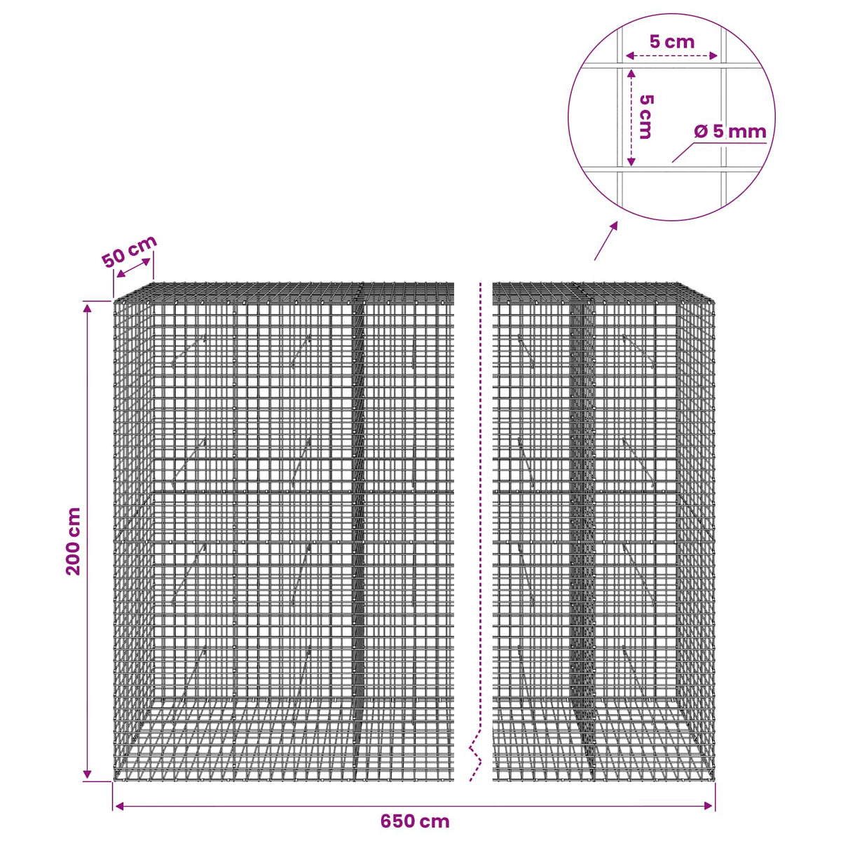 Gabion s 5 mm žicom i mrežom 5x5 cm 650x50x200 cm