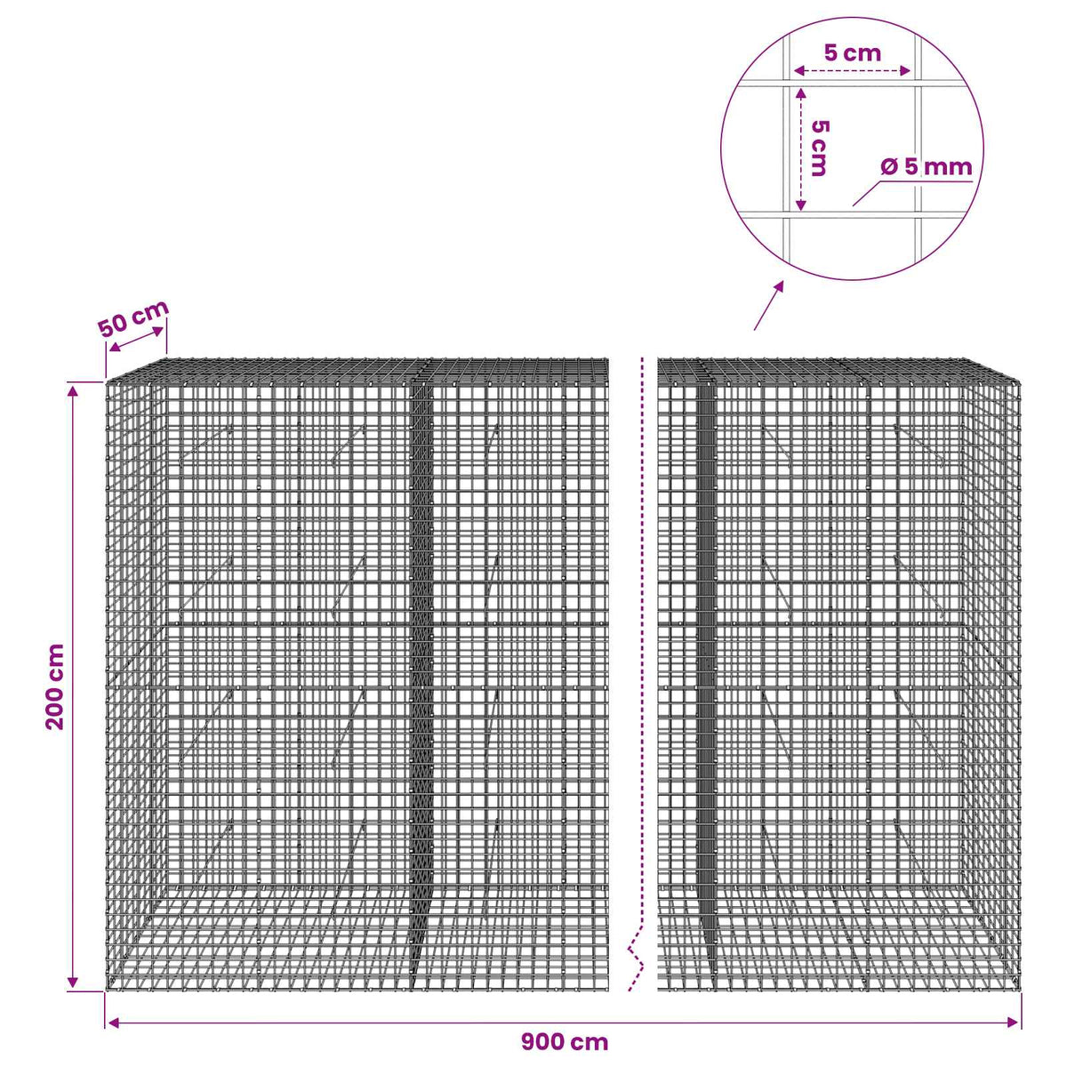Gabion s 5 mm žicom i mrežom 5x5 cm 900x50x200 cm