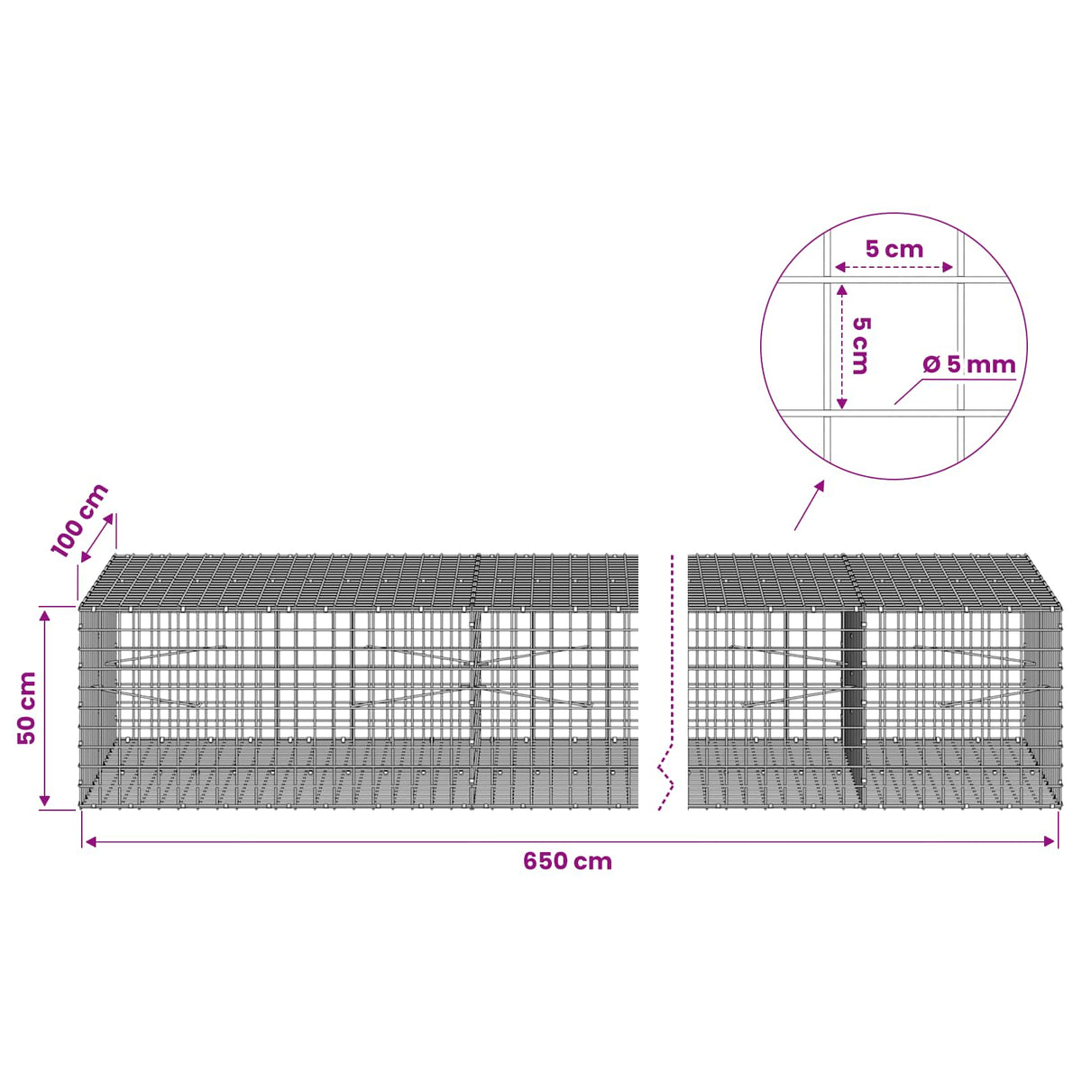Gabion s žicom debljine 5 mm i mrežom 5x5 cm 650x100x50 cm