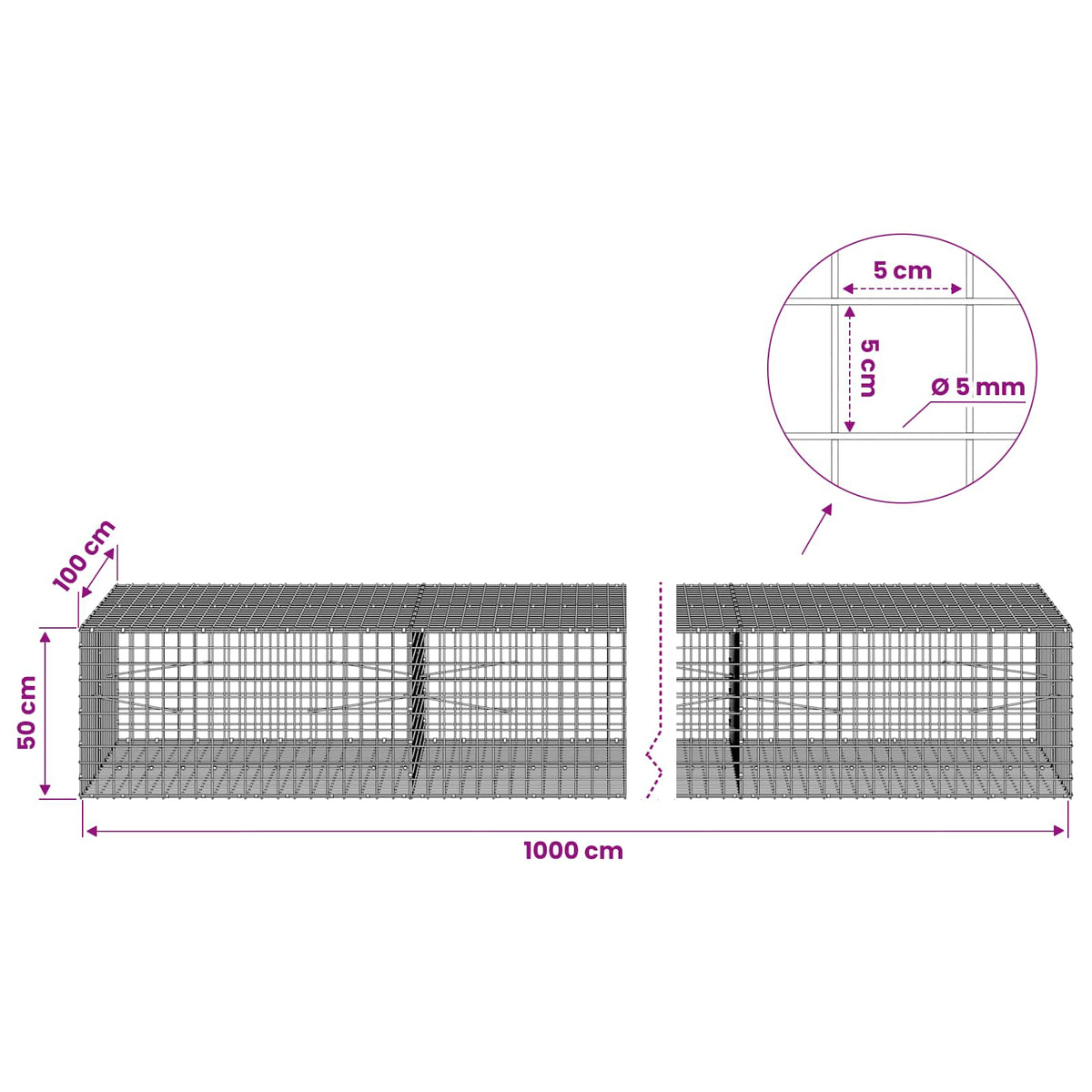 Gabion s 5 mm žicom i mrežom 5x5 cm 1000x100x50 cm