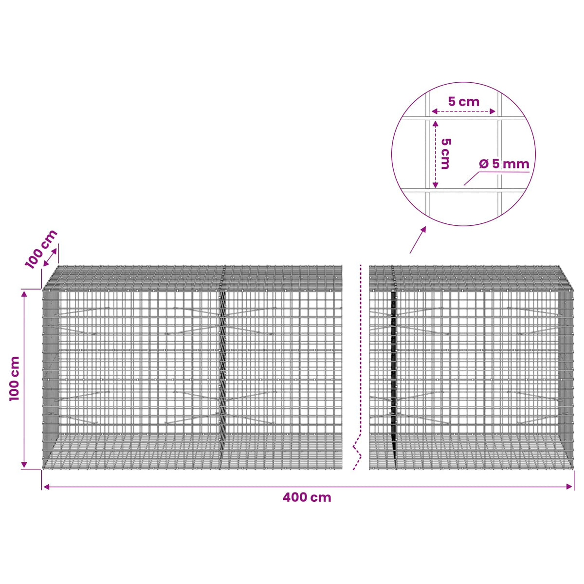 Gabion s 5 mm žicom i mrežom 5x5 cm 400x100x100 cm