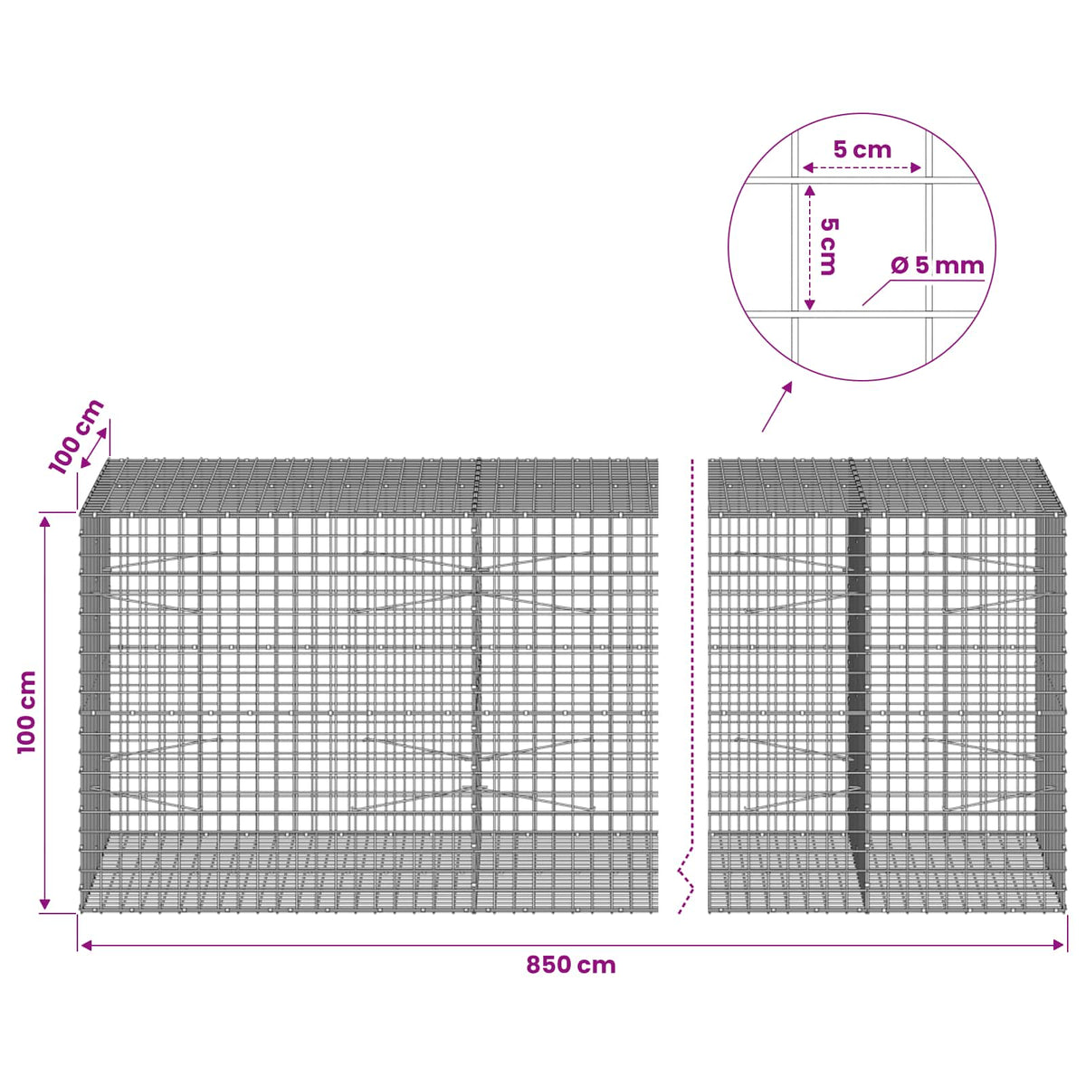 Gabion s 5 mm žicom i mrežom 5x5 cm 850x100x100 cm