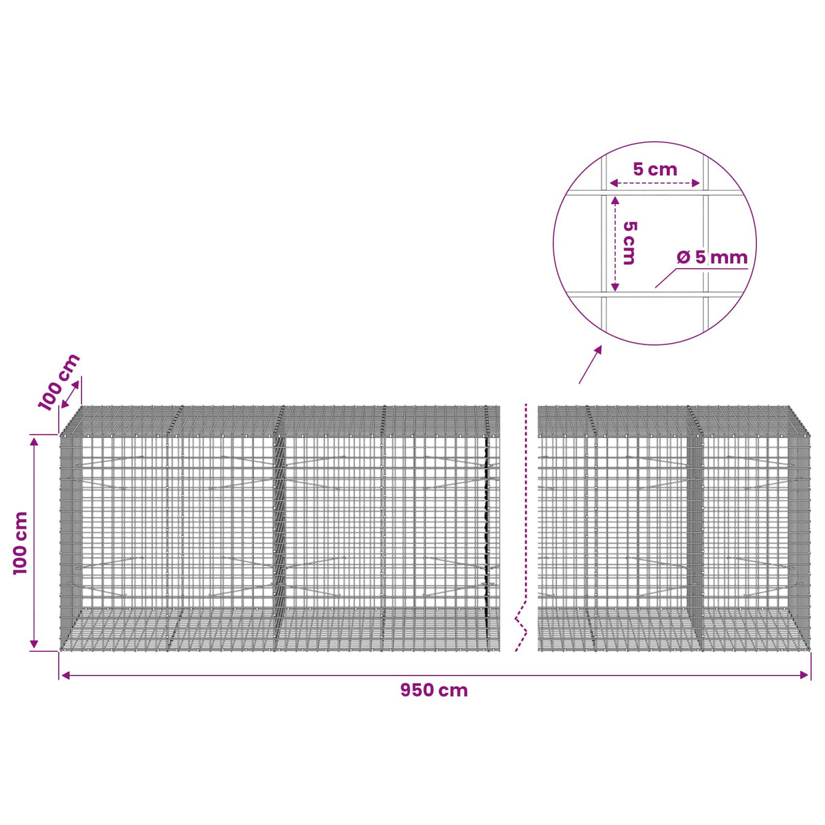 Gabion s 5 mm žicom i mrežom 5x5 cm 950x100x100 cm