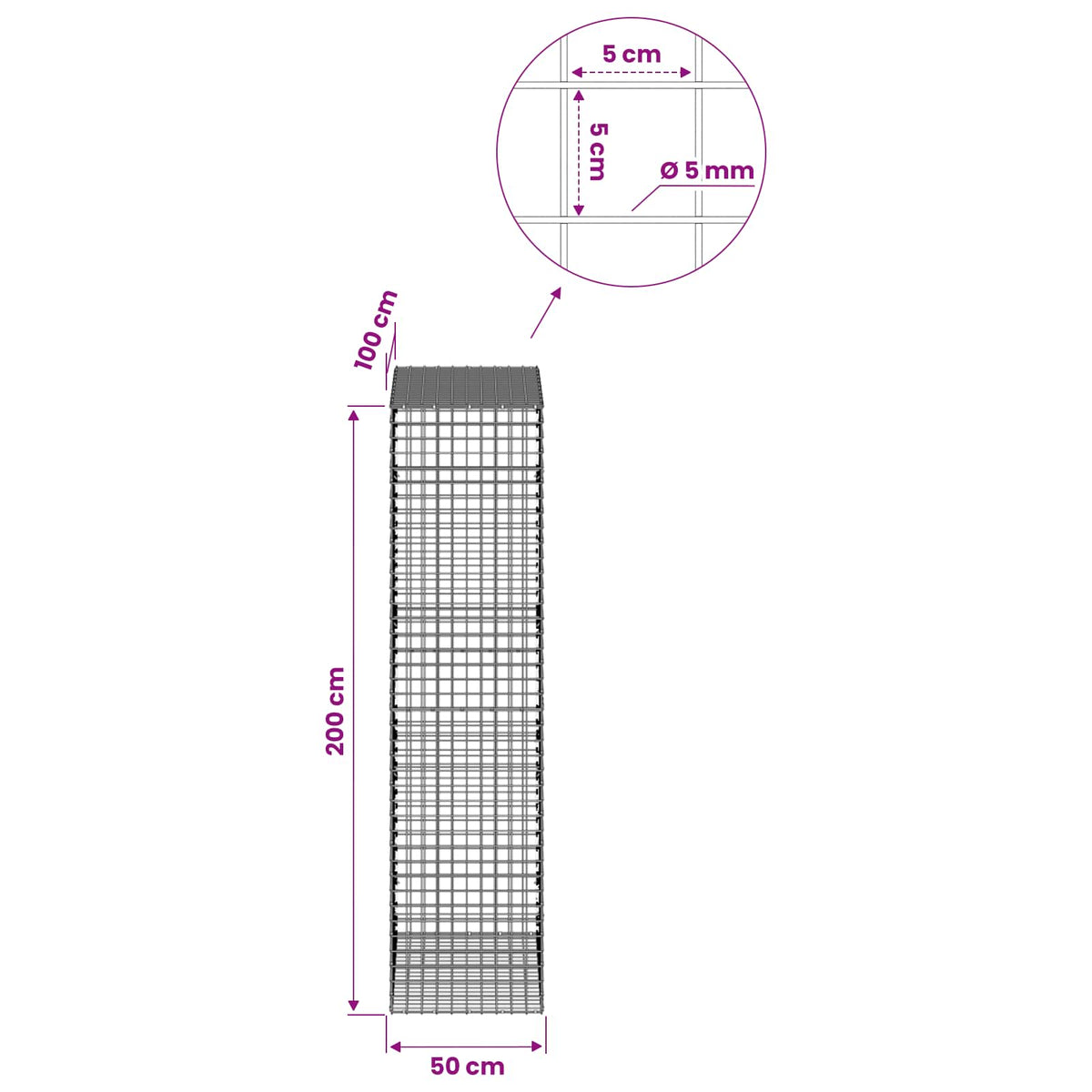 Gabion s žicom debljine 5 mm i mrežom 5x5 cm 50x100x200 cm