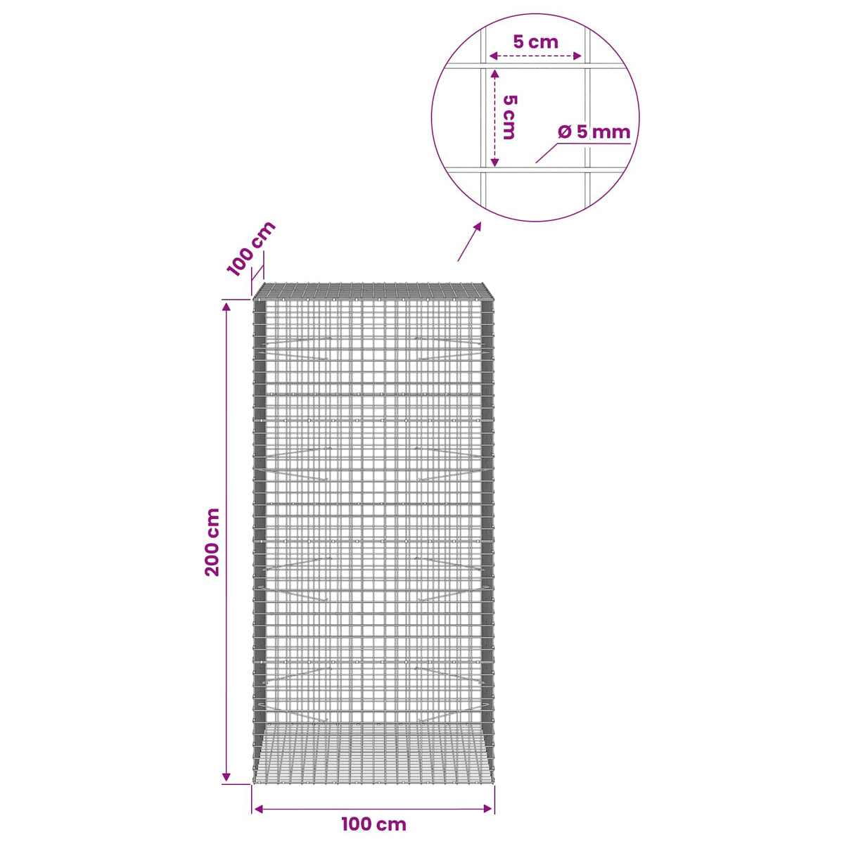 Gabion s 5 mm žicom i mrežom 5x5 cm 100x100x200 cm