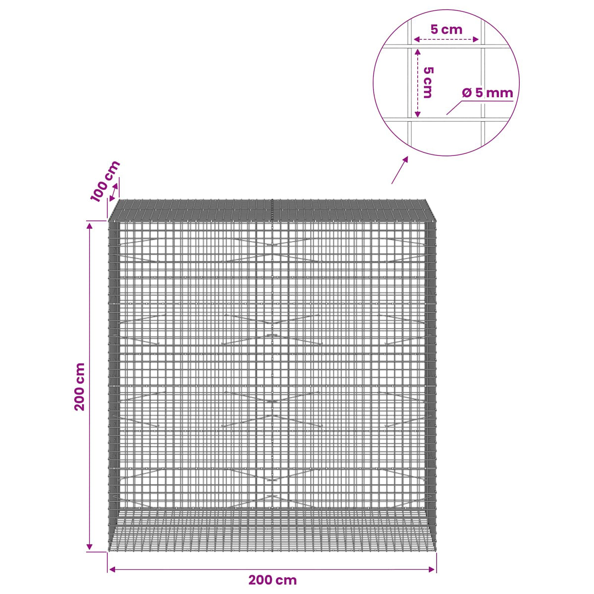 Gabion s 5 mm žicom i mrežom 5x5 cm 200x100x200 cm