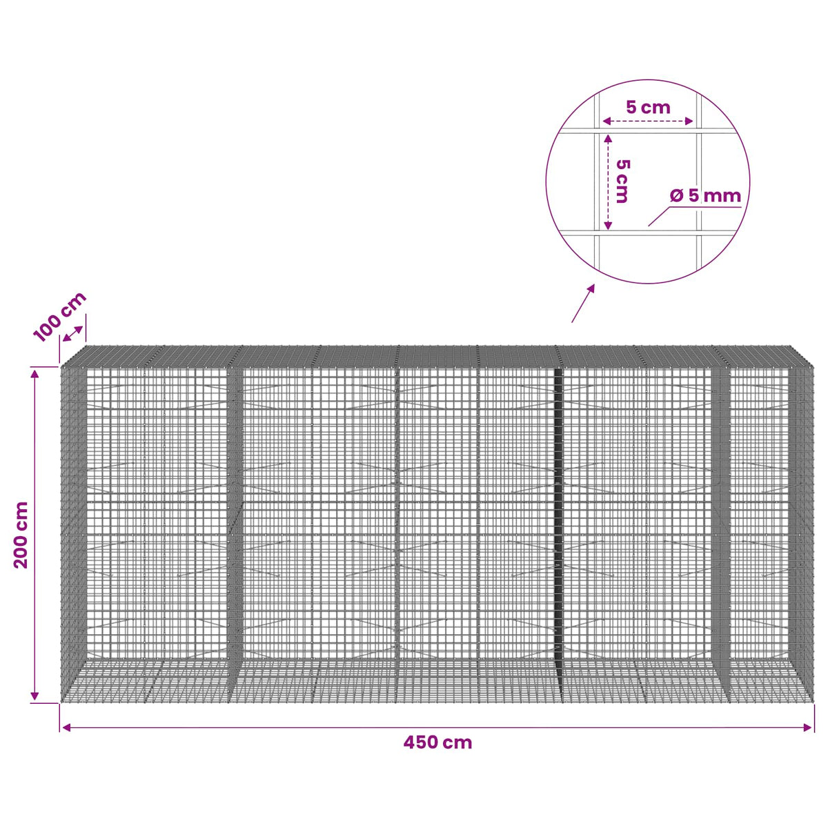 Gabion s 5 mm žicom i mrežom 5x5 cm 450x100x200 cm