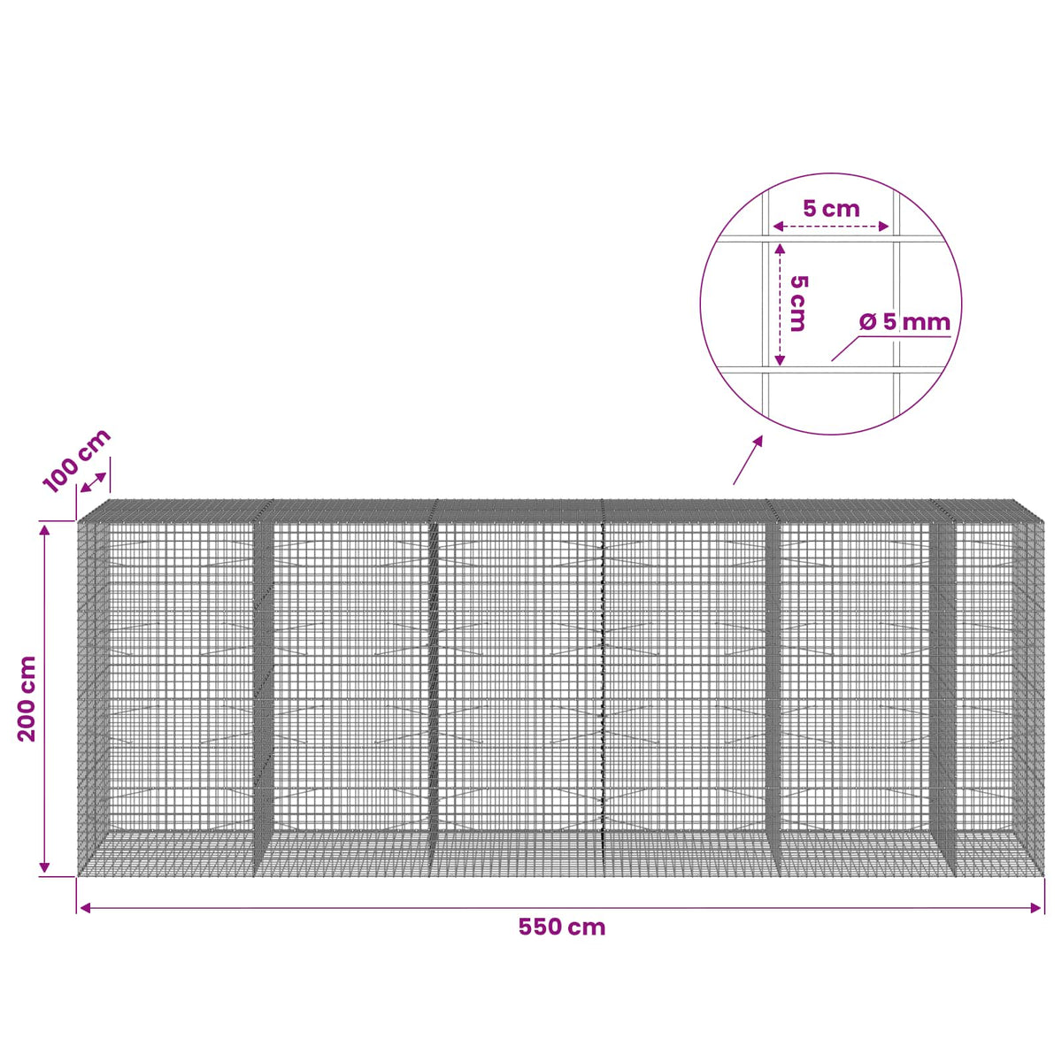 Gabion s žicom debljine 5 mm i mrežom 5x5 cm 550x100x200 cm