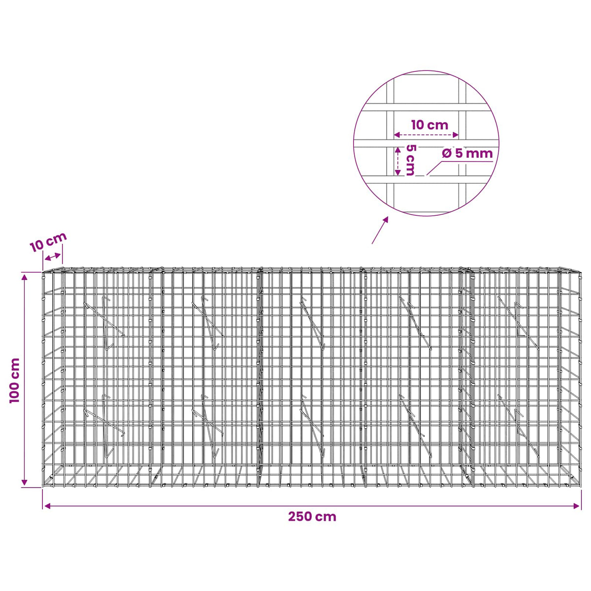 Gabion s žicom debljine 5 mm i mrežom 5x10 cm 250x10x100 cm