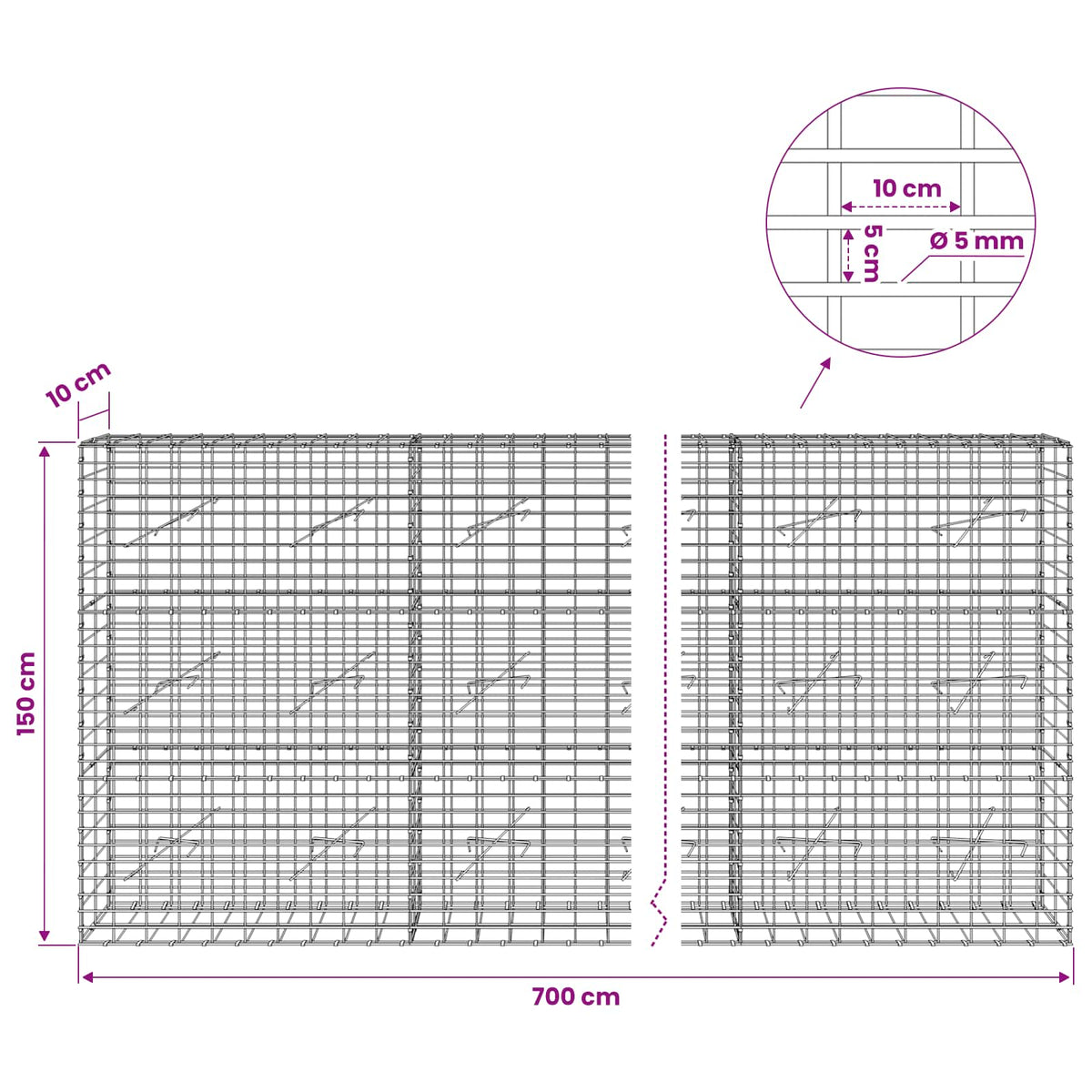 Gabion s žicom debljine 5 mm i mrežom 5x10 cm 700x10x150 cm