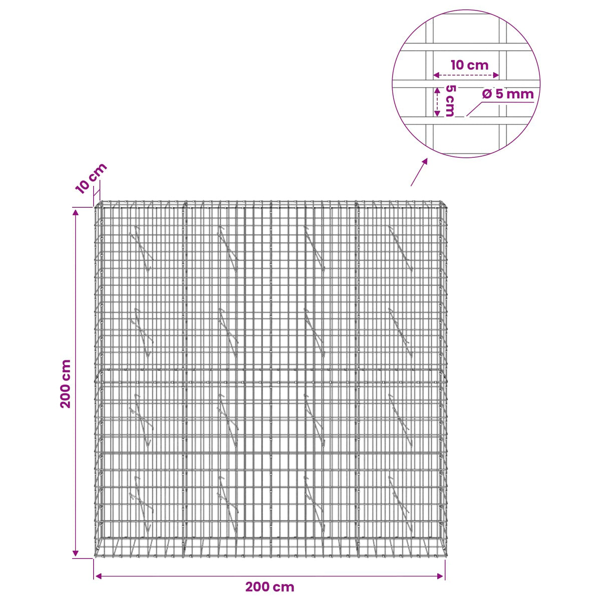 Gabion s žicom debljine 5 mm i mrežom 5x10 cm 200x10x200 cm