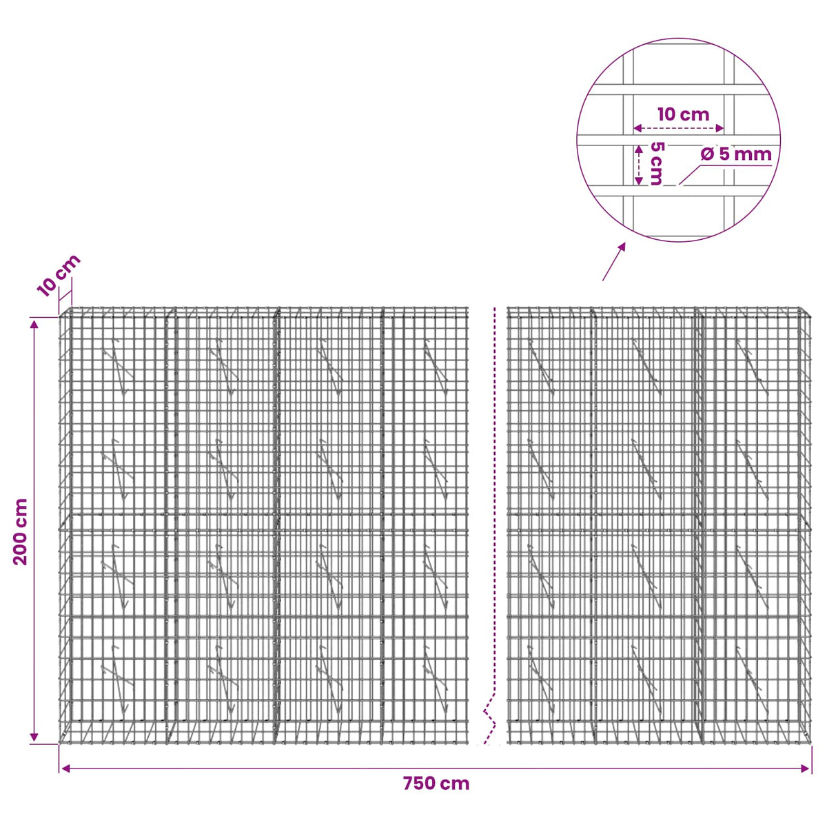 Gabion s žicom debljine 5 mm i mrežom 5x10 cm 750x10x200 cm