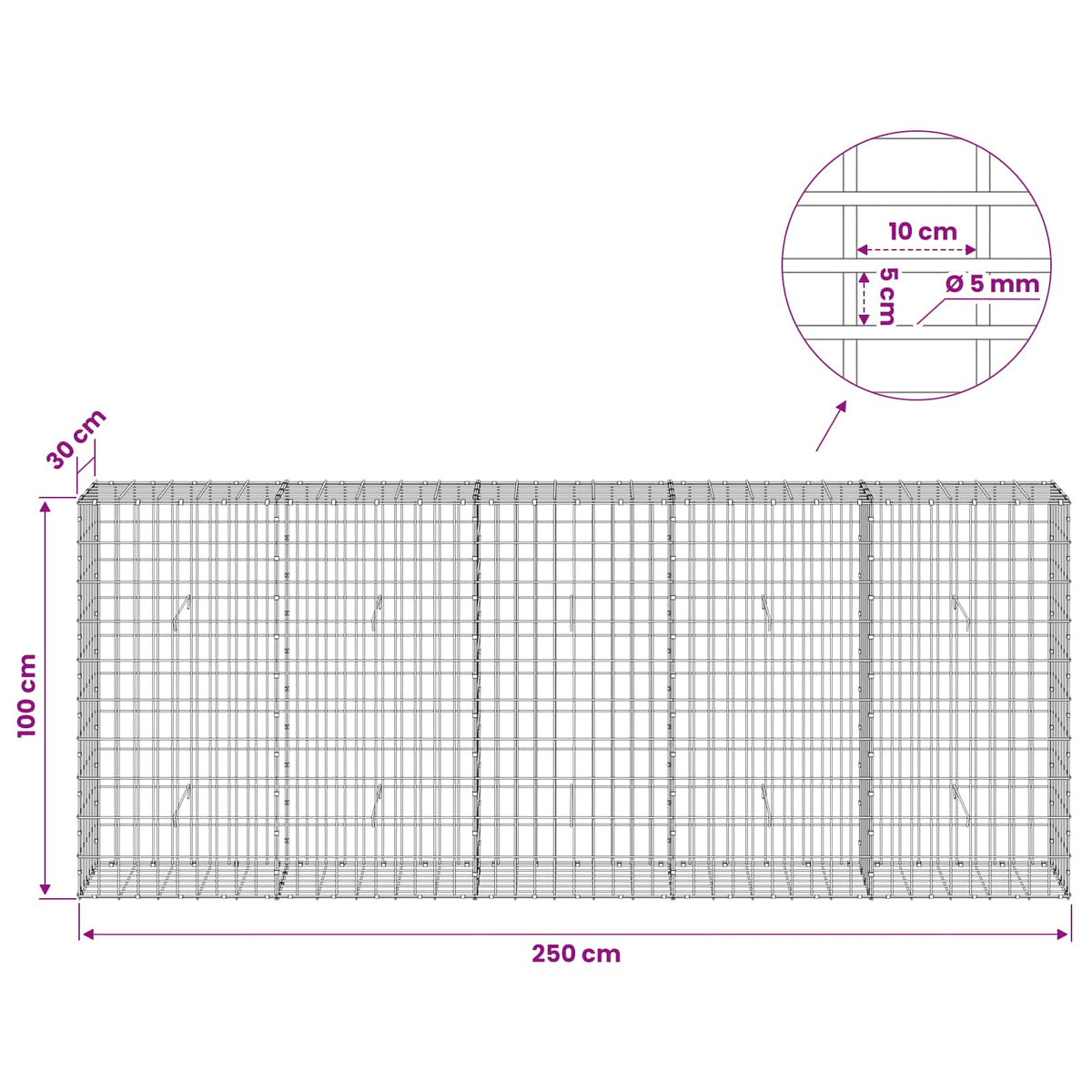 Gabion s žicom debljine 5 mm i mrežom 5x10 cm 250x30x100 cm
