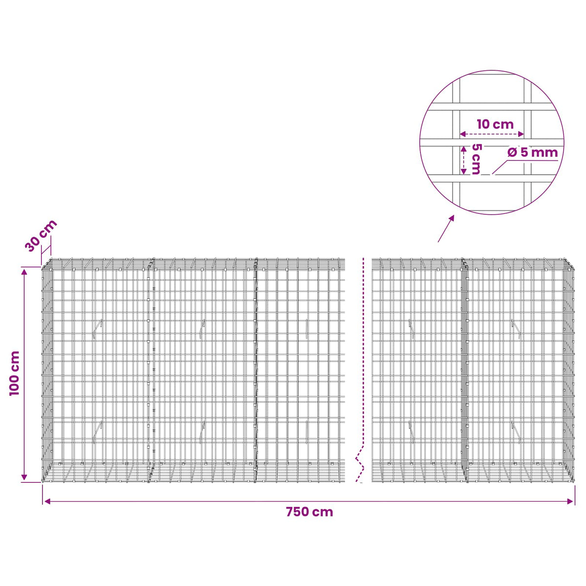 Gabion s žicom debljine 5 mm i mrežom 5x10 cm 750x30x100 cm