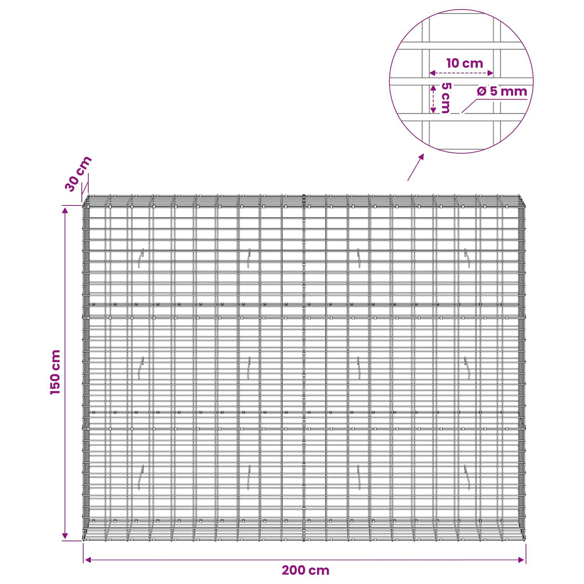 Gabion s žicom debljine 5 mm i mrežom 5x10 cm 200x30x150 cm