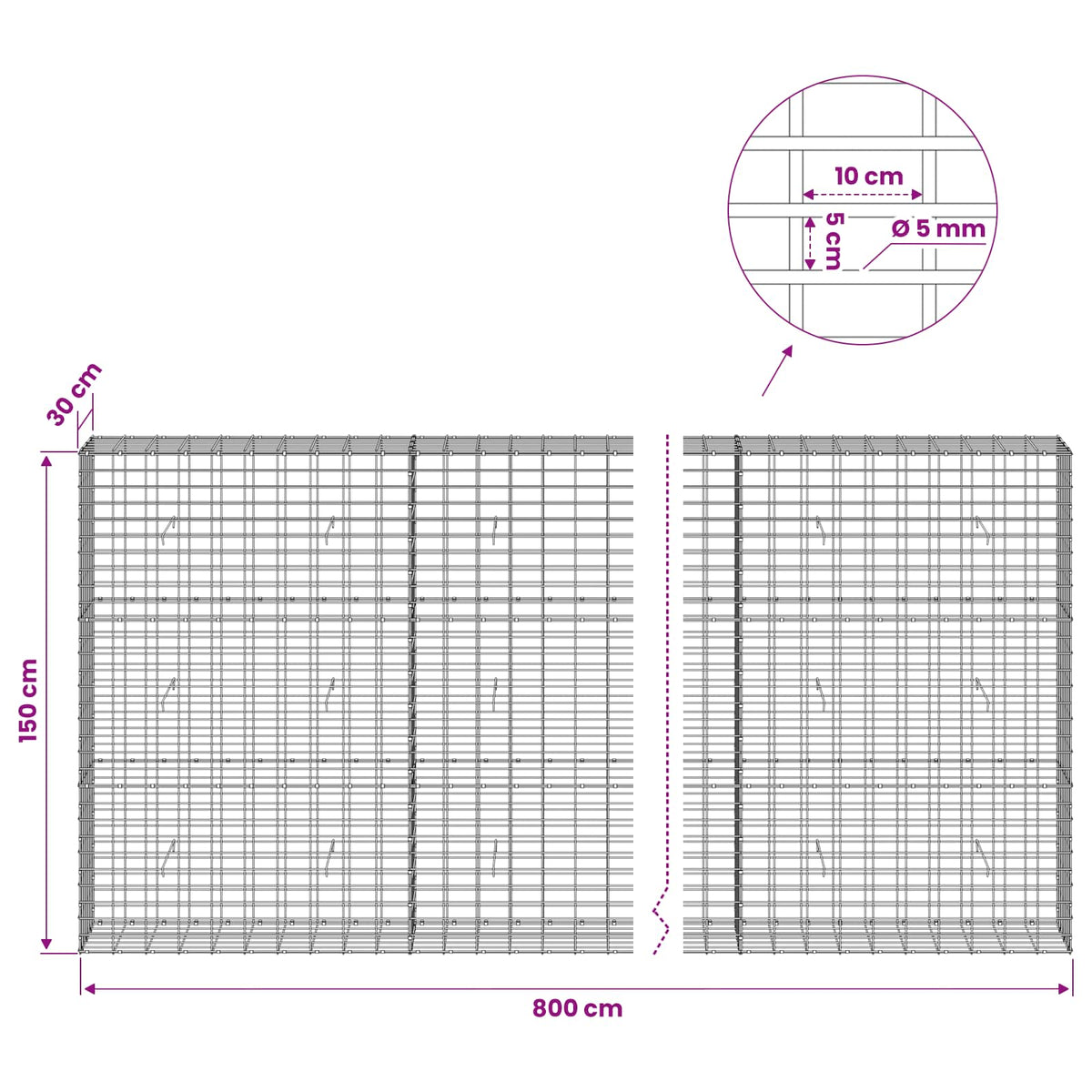 Gabion s žicom debljine 5 mm i mrežom 5x10 cm 800x30x150 cm