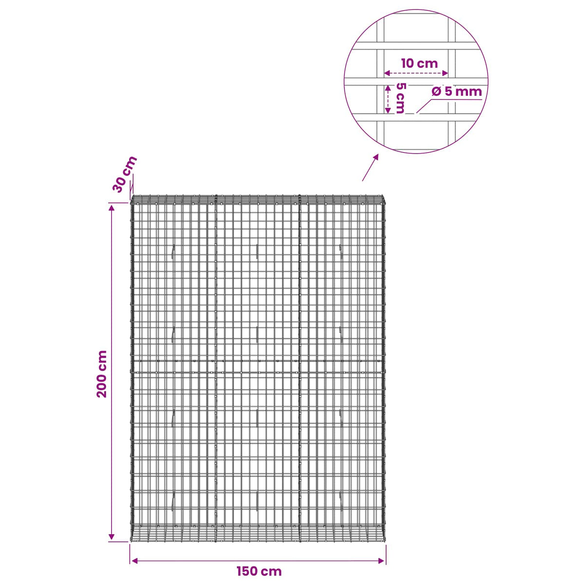 Gabion s žicom debljine 5 mm i mrežom 5x10 cm 150x30x200 cm
