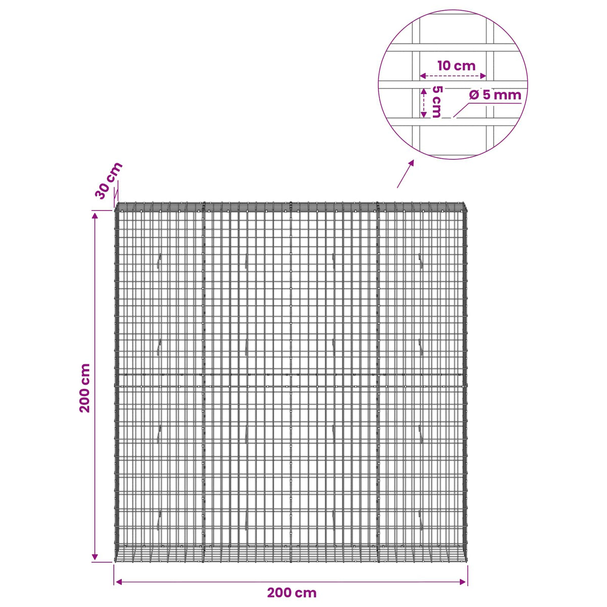Gabion s žicom debljine 5 mm i mrežom 5x10 cm 200x30x200 cm