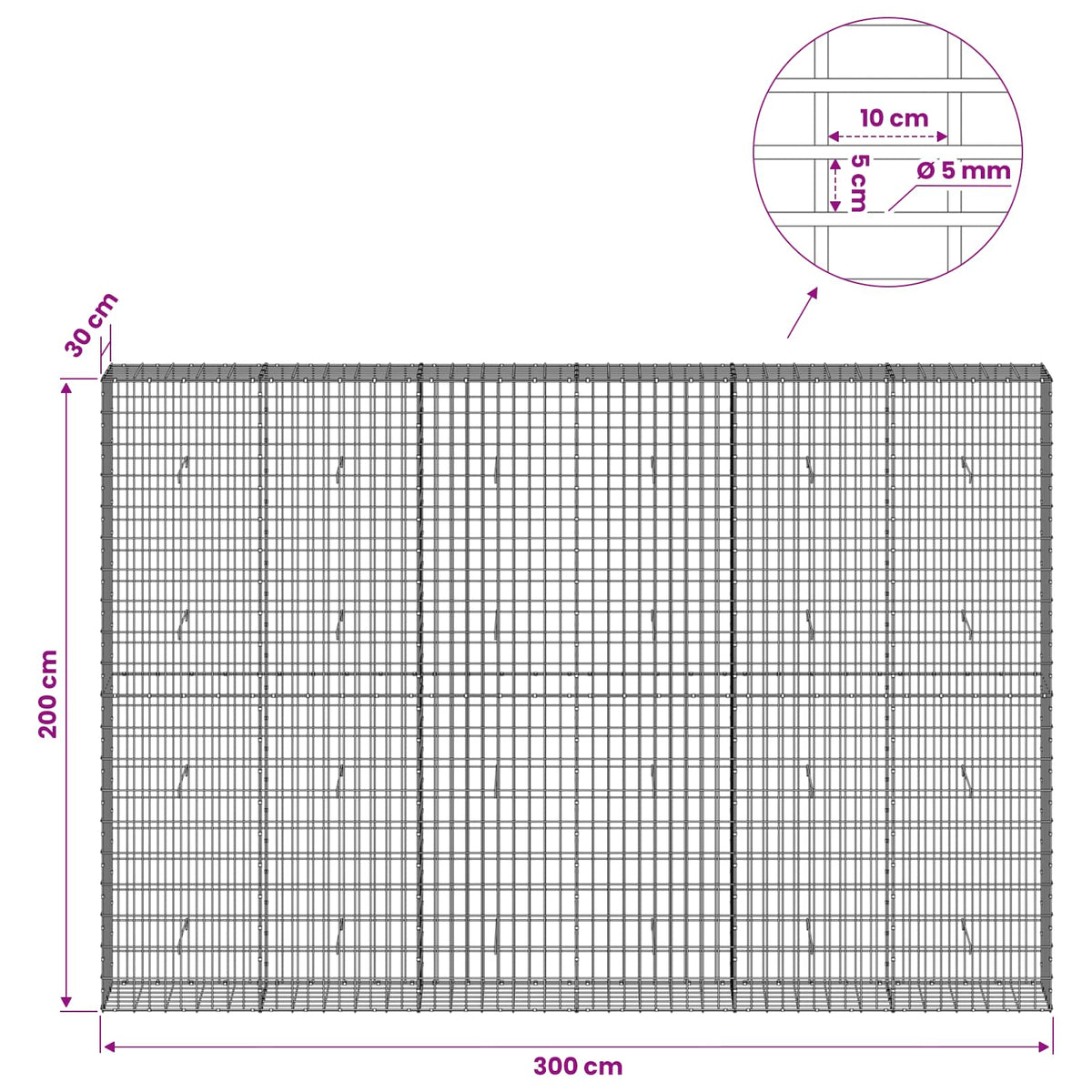 Gabion s žicom debljine 5 mm i mrežom 5x10 cm 300x30x200 cm