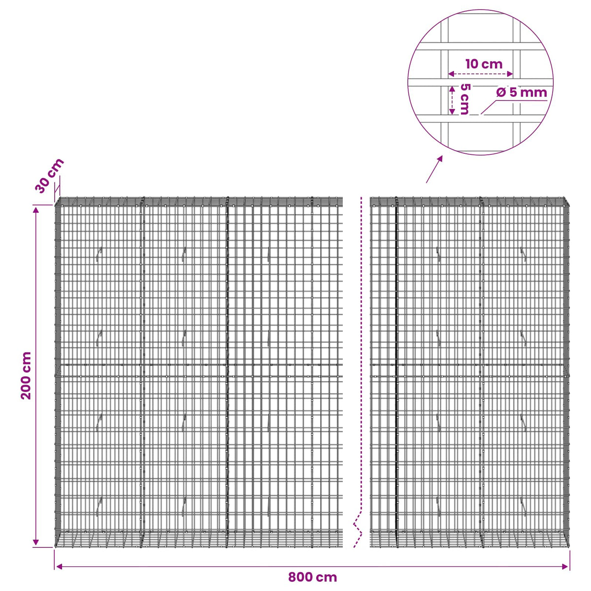 Gabion s žicom debljine 5 mm i mrežom 5x10 cm 800x30x200 cm