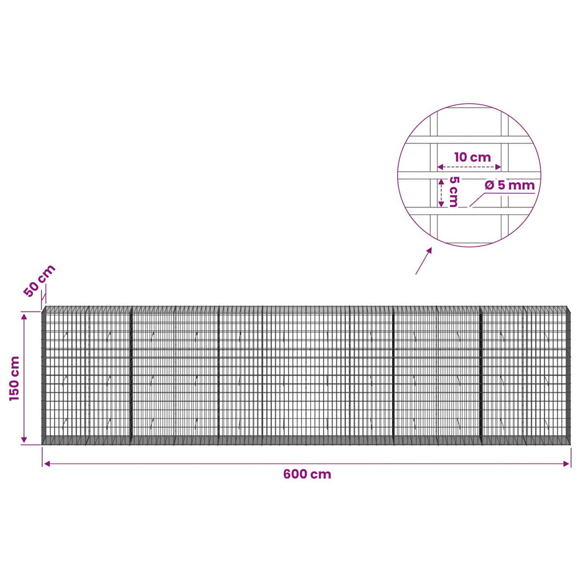 Gabion s žicom debljine 5 mm i mrežom 5x10 cm 600x50x150 cm