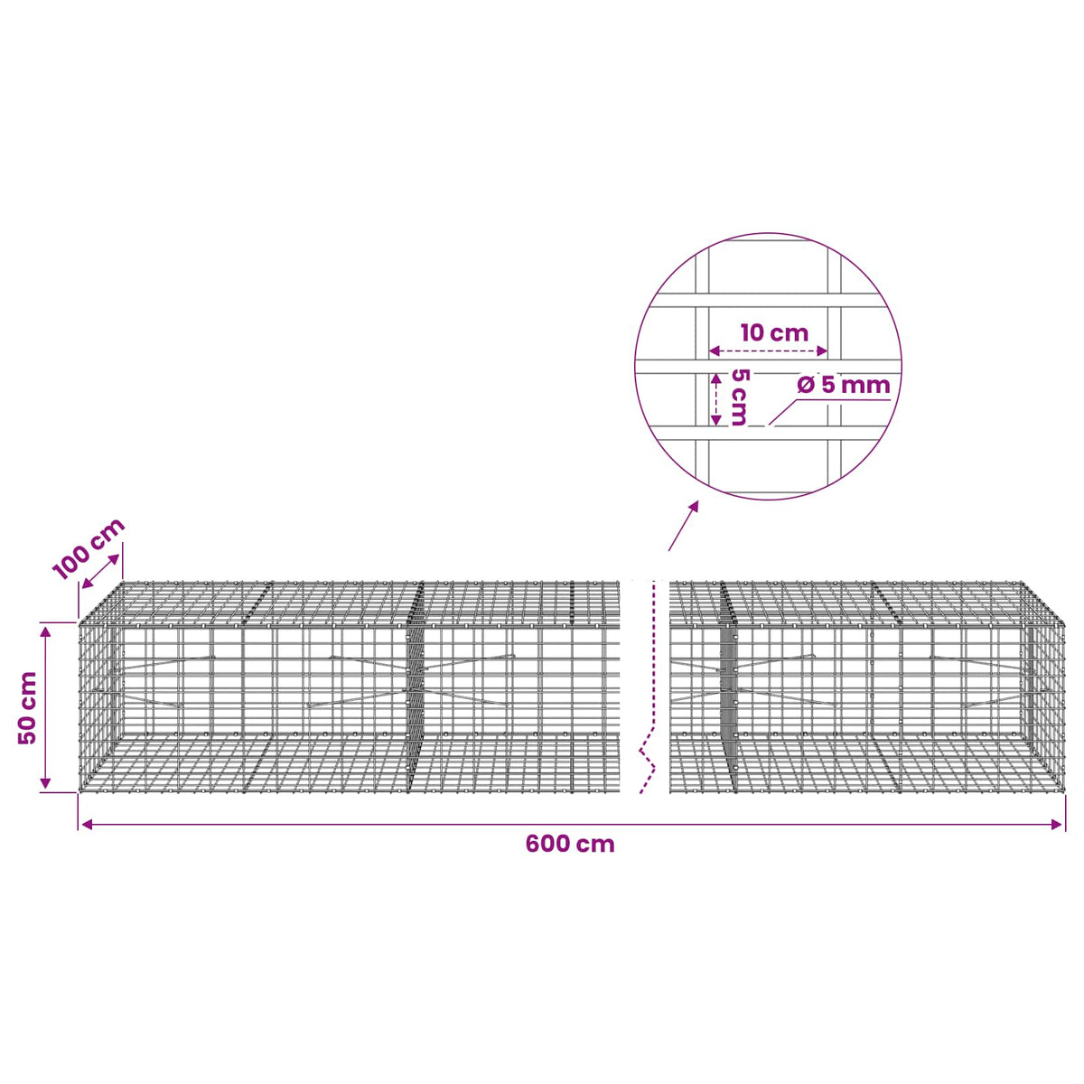 Gabion s žicom debljine 5 mm i mrežom 5x10 cm 600x100x50 cm