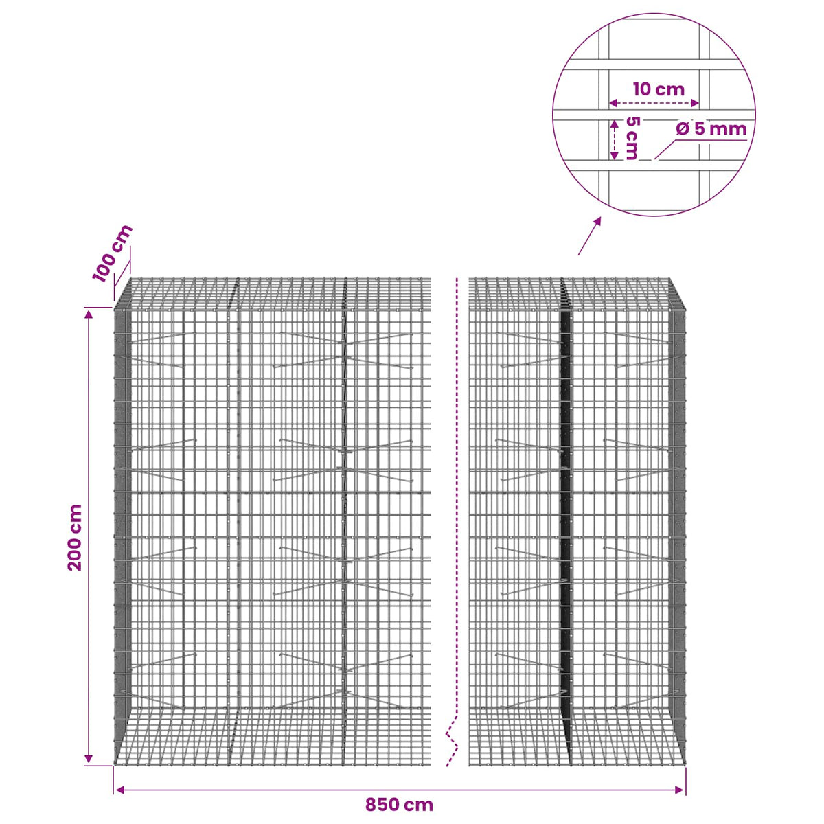Gabion s žicom debljine 5 mm i mrežom 5x10 cm 850x100x200 cm