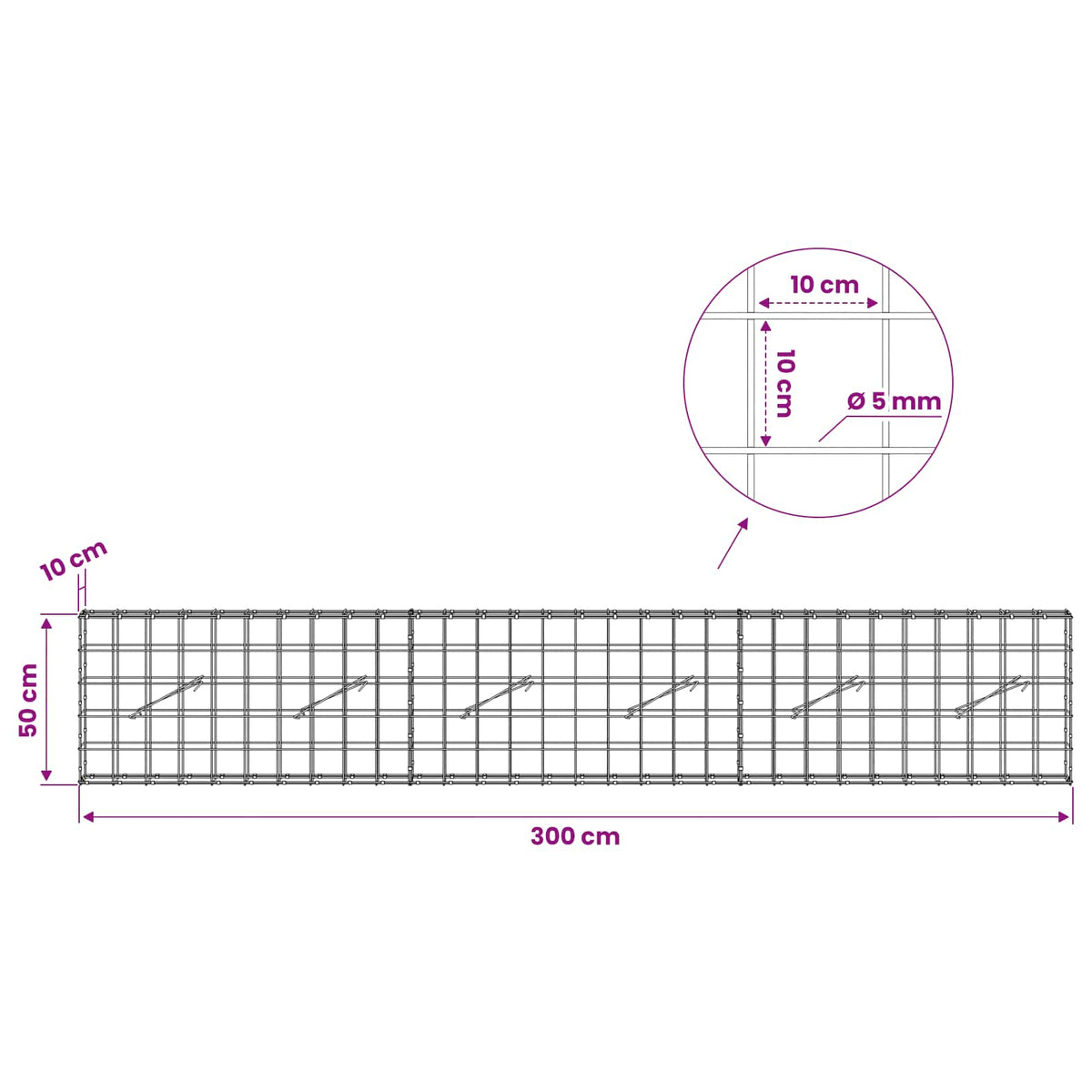 Gabion s žicom debljine 5 mm i mrežom 10x10 cm 300x10x50 cm