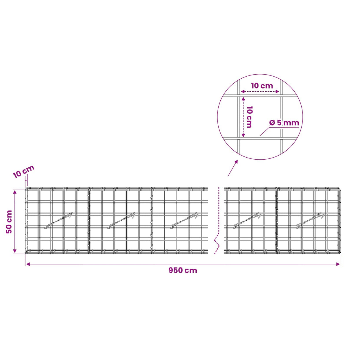 Gabion s žicom debljine 5 mm i mrežom 10x10 cm 950x10x50 cm