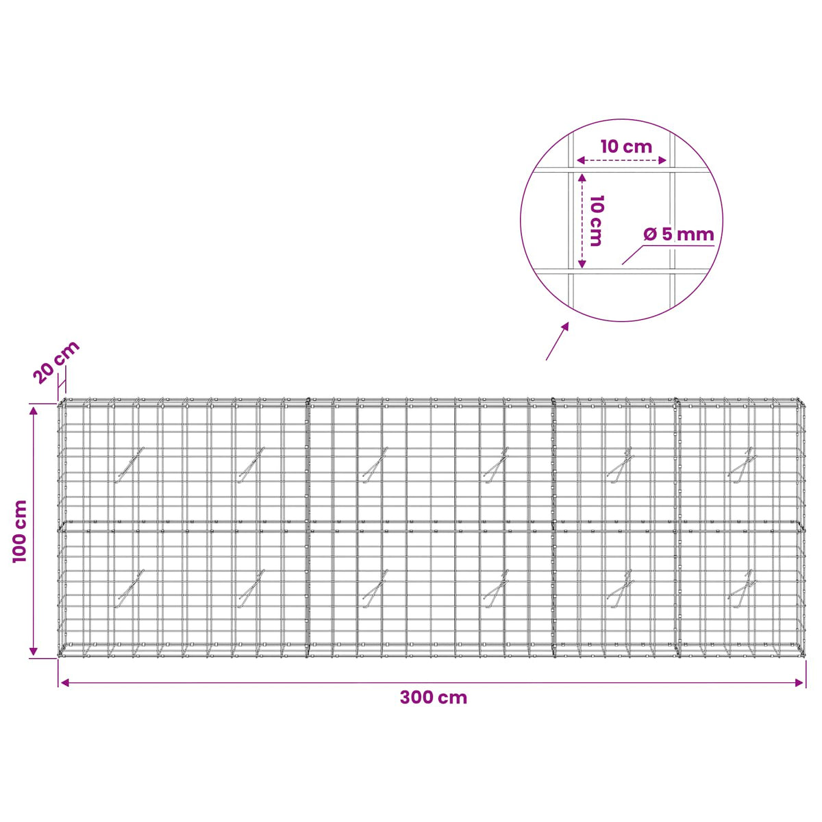 Gabion s žicom debljine 5 mm i mrežom 10x10 cm 300x20x100 cm