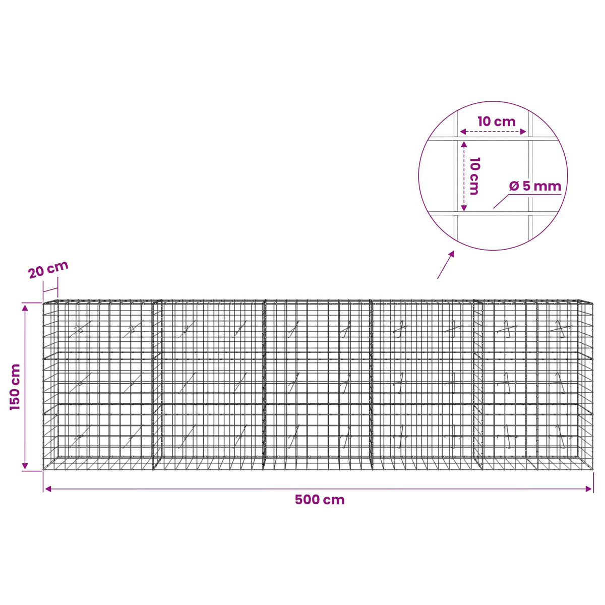 Gabion s žicom debljine 5 mm i mrežom 10x10 cm 500x20x150 cm