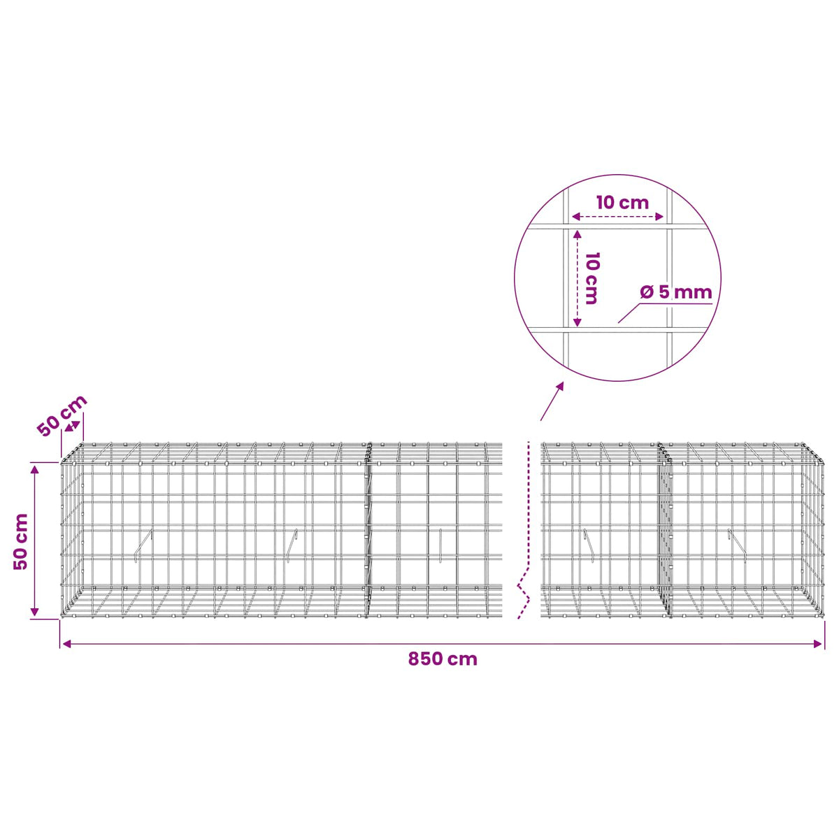 Gabion s žicom debljine 5 mm i mrežom 10x10 cm 850x50x50 cm