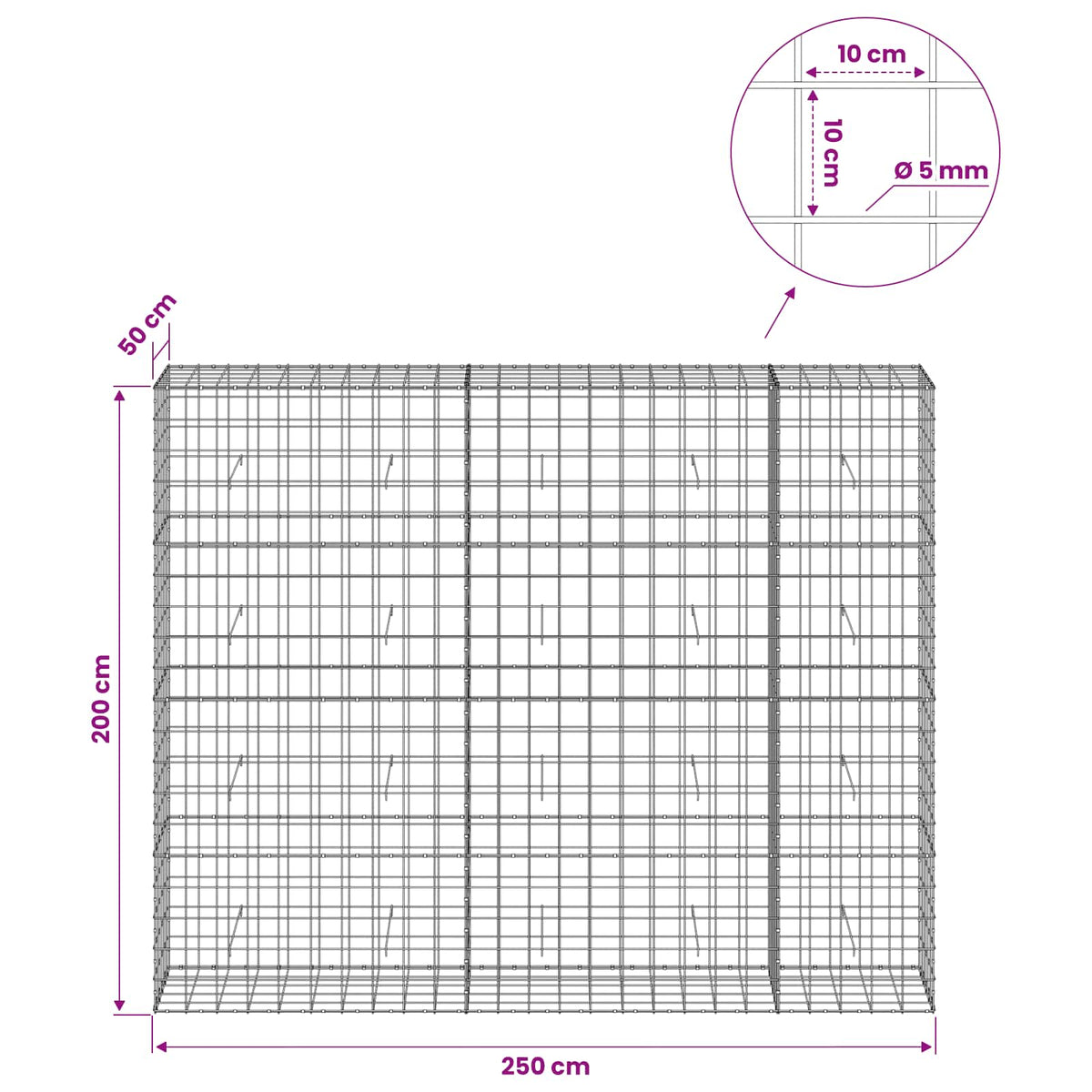 Gabion s žicom debljine 5 mm i mrežom 10x10 cm 250x50x200 cm