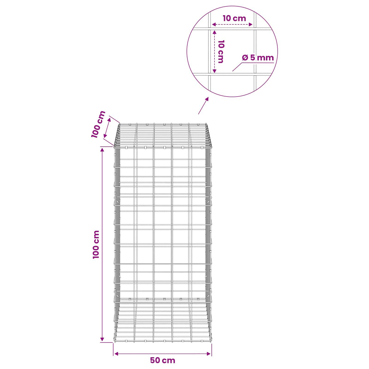 Gabion s žicom debljine 5 mm i mrežom 10x10 cm 50x100x100 cm