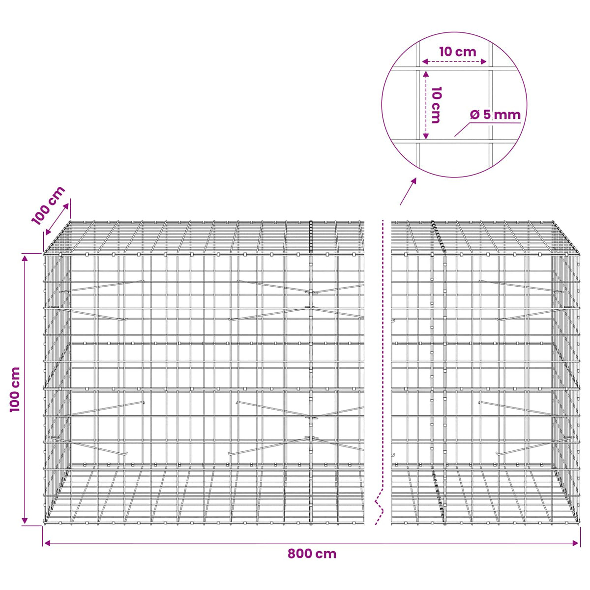 Gabion s žicom debljine 5 mm i mrežom 10x10 cm 800x100x100 cm