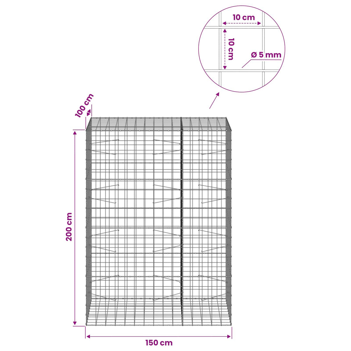 Gabion s žicom debljine 5 mm i mrežom 10x10 cm 150x100x200 cm